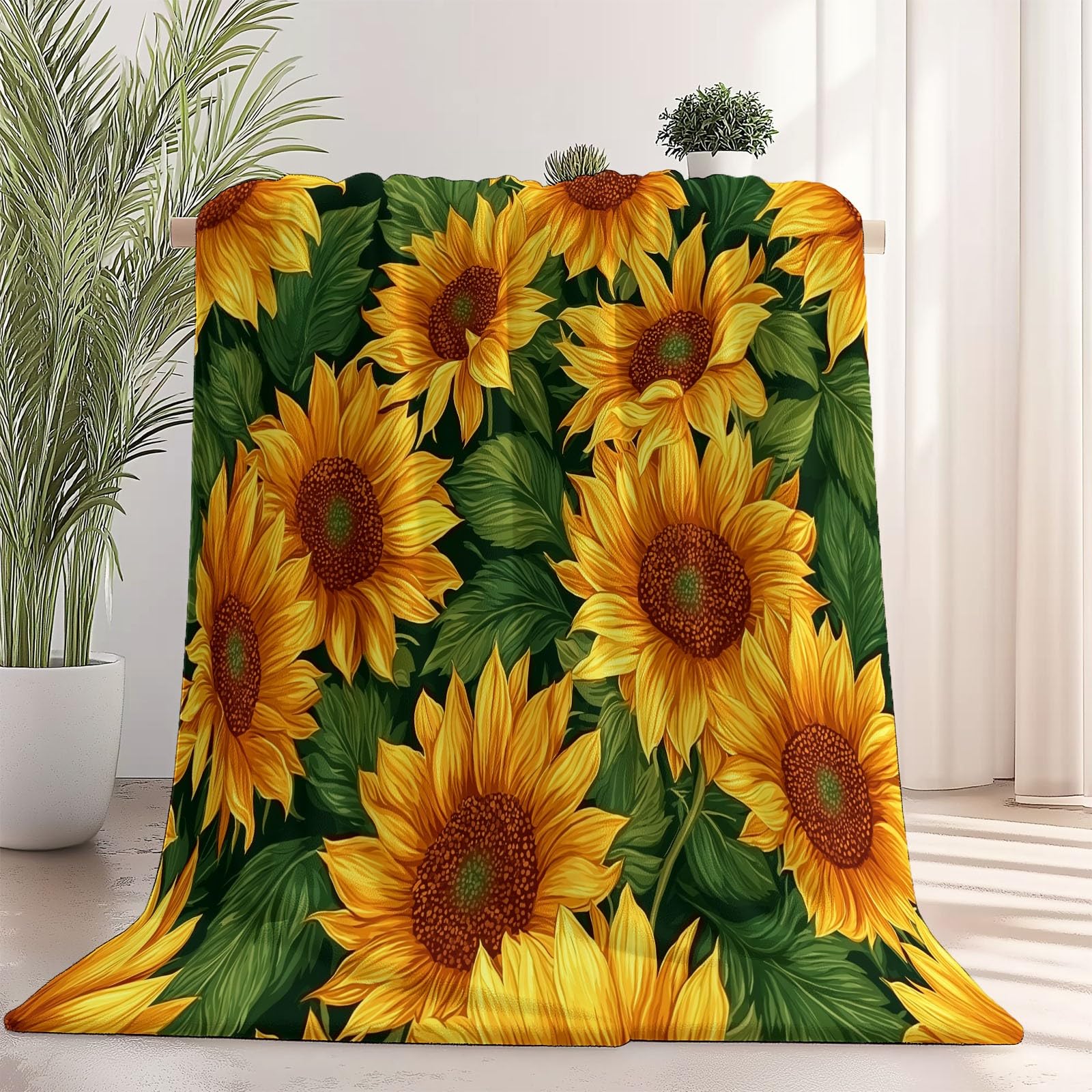 Manta de Franela Suave y cálida para sofá o Cama 220×240 cm, Estampada Pintura al óleo Hojas Girasoles Flores, Manta Decorativa Marrón, Ideal para el hogar, Dormitorio o Sala de Estar