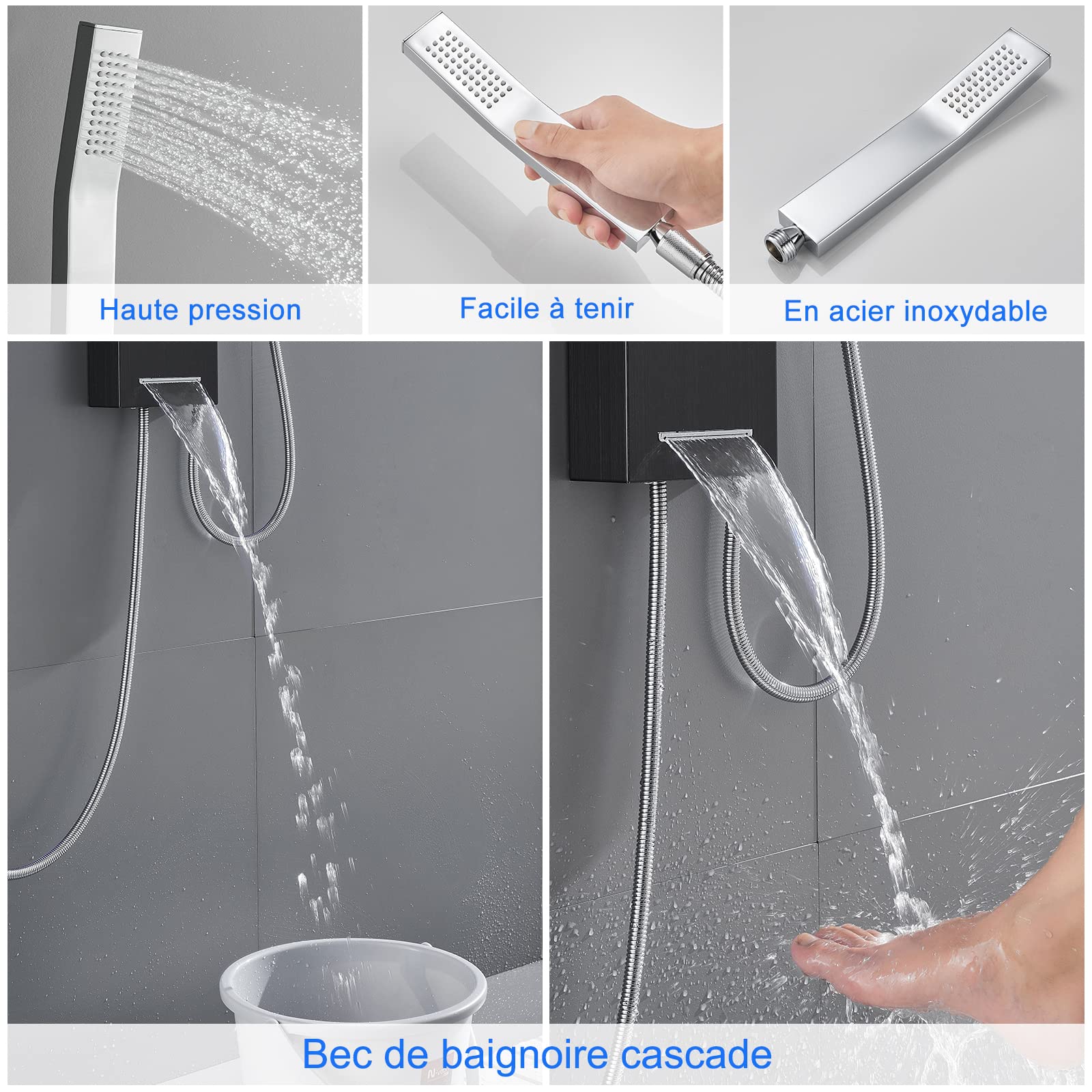 ROVOGO Panneau Colonne de Douche Hydromassante Led sans Robinetterie, 5 Fonctions: LED Douche Pluie, Jet de Massage, Douchette, Bec Bain déverseur et Affichage de La température, Acier Inox 304, Noir