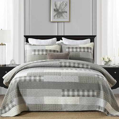 Vista 76 de Y-PLWOMEN Edredón tamaño Queen, 100 % algodón, edredón de retazos marrón a cuadros, colcha ligera tamaño Queen, suave, transpirable, para todas