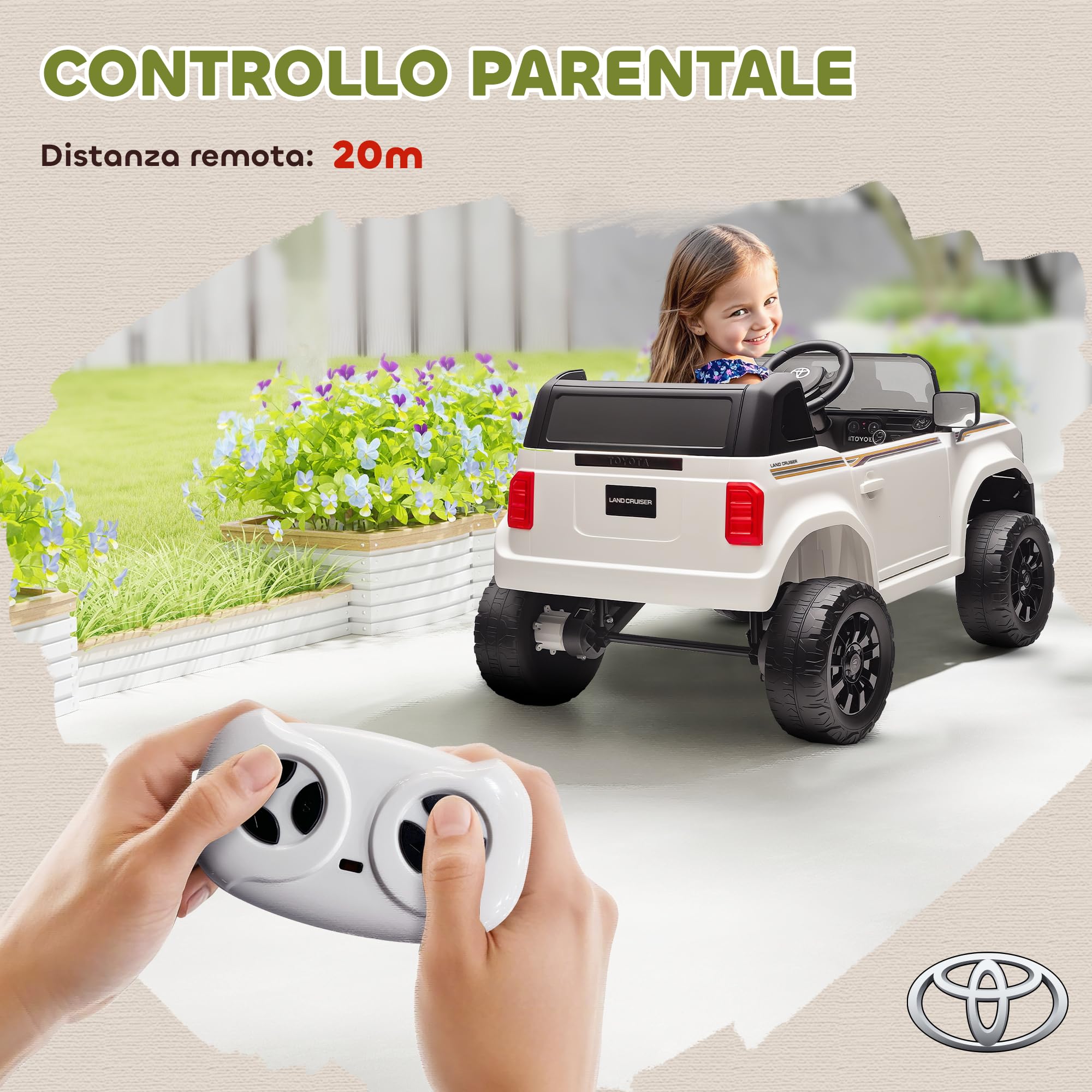AIYAPLAY TOYOTA Land Cruiser Macchina Elettrica per Bambini 3-8 Anni, 12V 3-5 km/h Auto Elettrica Bambini con 2 Motori, Sospensioni, Telecomando, Cintura 3 Punti, Bluetooth, USB, Musica, Fari, Bianco