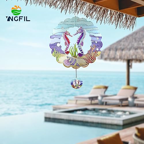 Miniatura 6 de YNGFIL Molinillo de Viento 3D de Caballito de Mar Arte Cinético de Metal Molinillo de Viento Colgante Decoración al Aire Libre Adornos de Océano