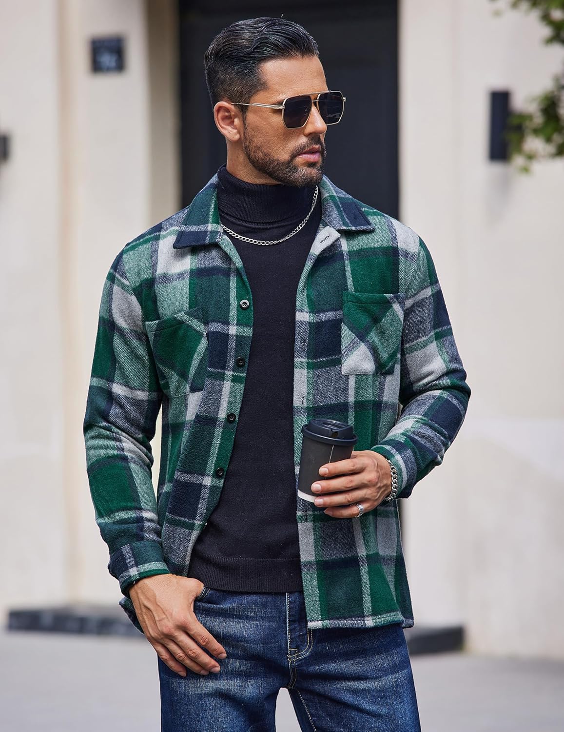COOFANDY Men's Flannel Shirts Casual Button Down Plaid Shirt Jacket Long Sleeve Fleece Shacket with Pockets - Image 3