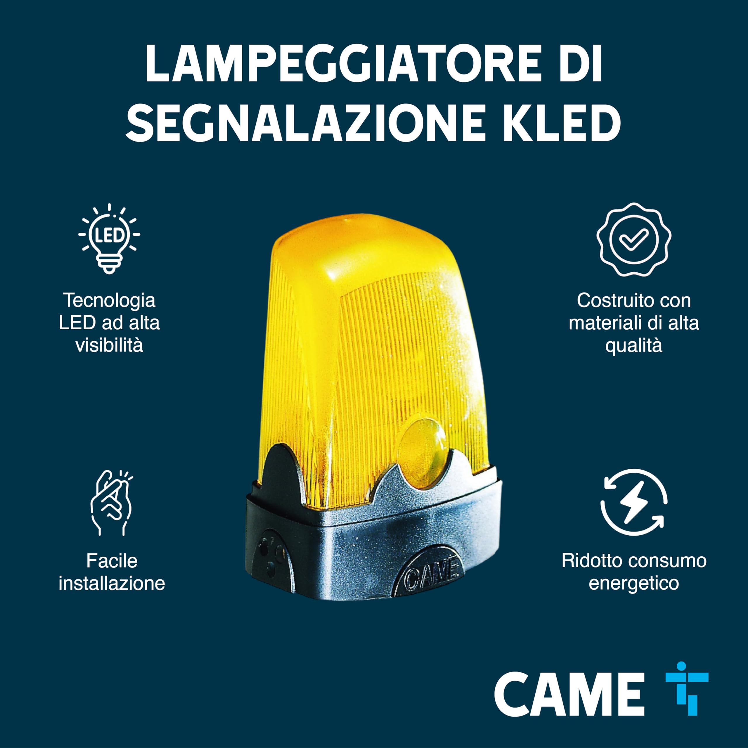 CAME KLED Lampeggiatore di segnalazione a LED ad alta visibilità e basso consumo, cupola gialla, 120-230 V AC, facile installazione, compatibile con automazioni CAME, ideale per cancelli e barriere