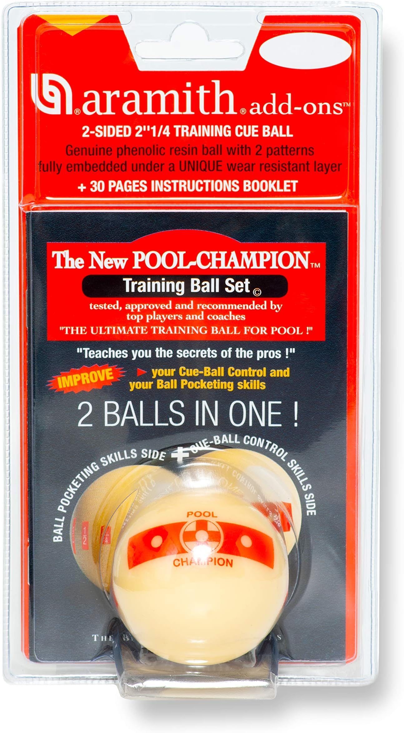 Champion 5.7cm Training Pool Cue Ball 2-Sided in a Blister + 30 Pages Instructions Booklet