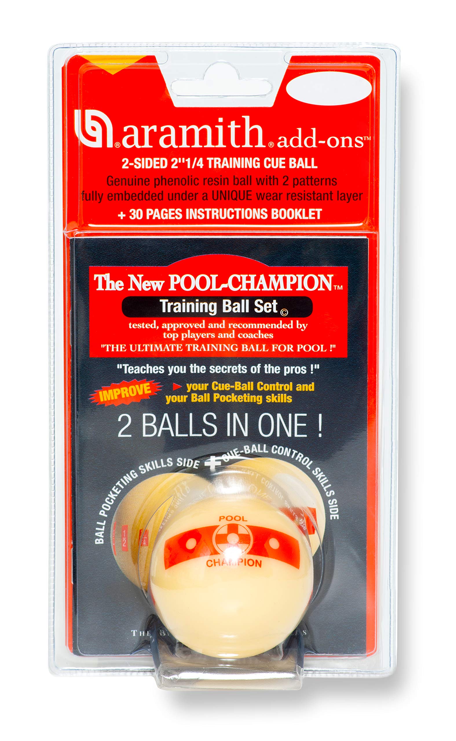Aramith Champion 5.7cm Training Pool Cue Ball 2-Sided in a Blister + 30 Pages Instructions Booklet