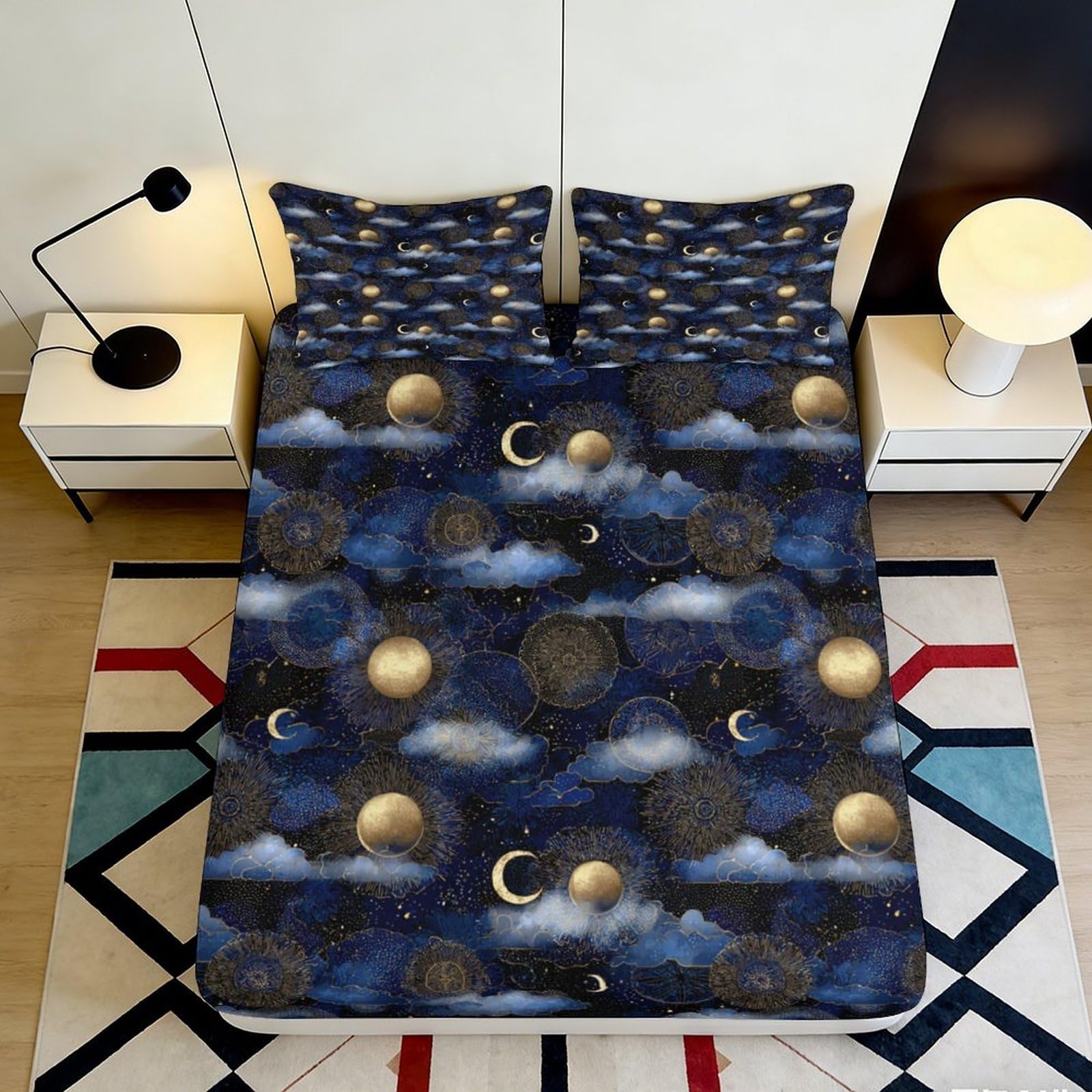 3D Printed Night Sky Galaxy Fitted Sheet Microfiber Soft Blue Gold Celestial Sun Moon Bed Cover for Bedroom Guest Room 90x200x25cm