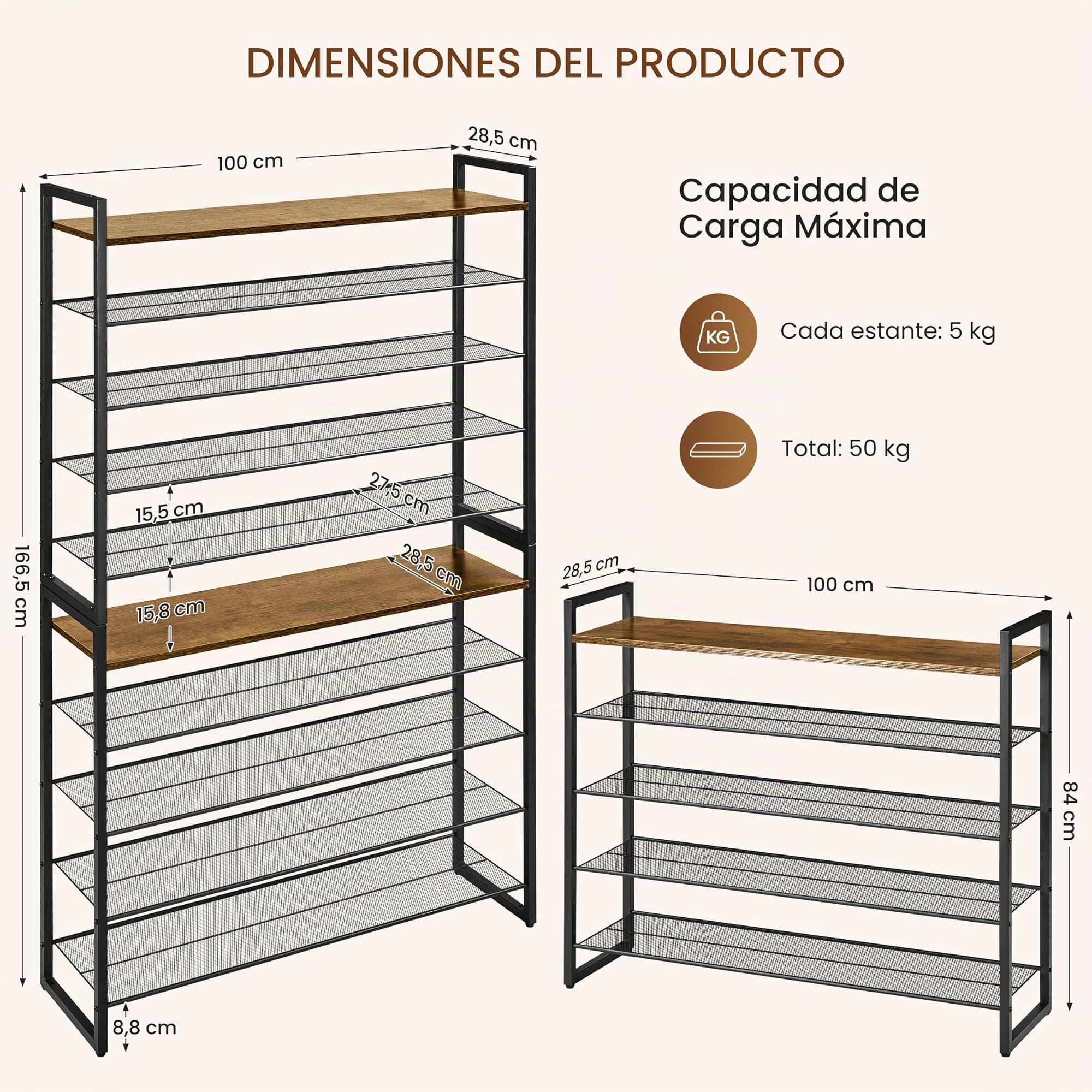 Yaheetech Estante Zapatero de 10 Niveles 100×28,5×166,5cm Marrón Rústico
