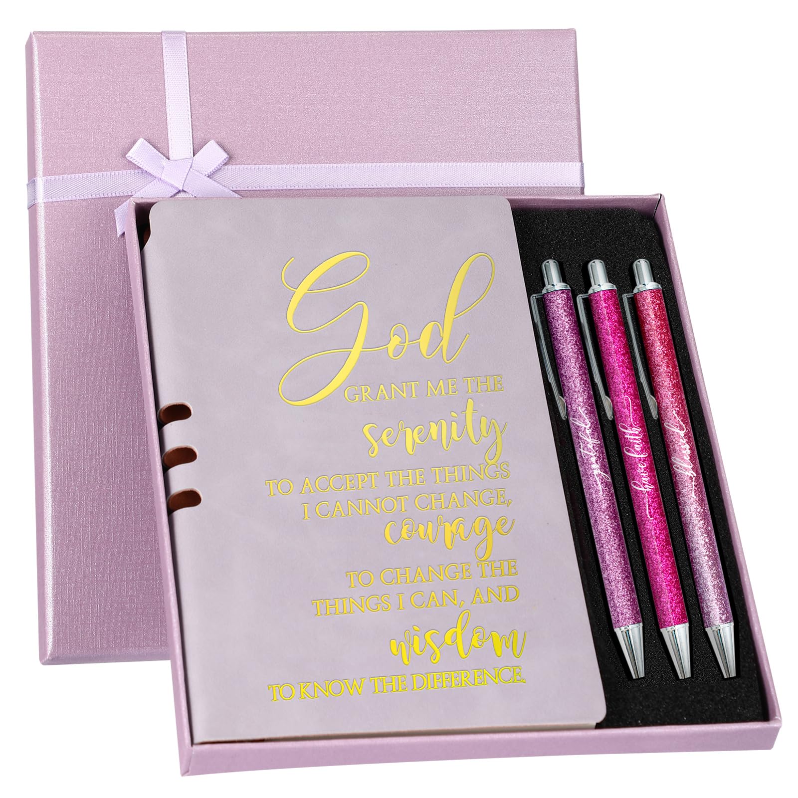 Spakon 5 Pcs Sobriety Gifts for Women Serenity Prayer Gifts Recovery Aa Gifts Christian Journal Gift Leather Notebook 3 Ballpoint Pens with Box for Pastor's Wife Godmother Sunday School, Purple