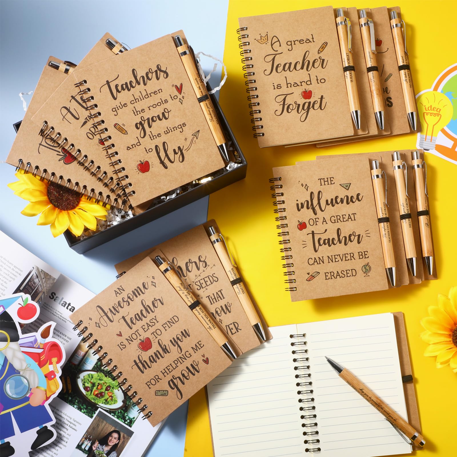 Pasimy Set regalo di apprezzamento per insegnanti, 72 pezzi, 36 quaderni a spirale ispiratori in carta kraft, 36 penne retrattili motivazionali in bambù per insegnanti, regalo di ringraziamento, festa