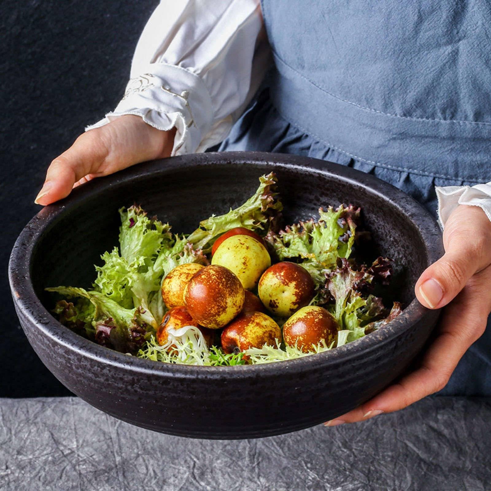 Nudelsalatschüssel aus Keramikporzellan, große Servierschüssel, 24 cm, extra große Salatschüssel, große Suppenschüssel, groß, 2000 ml, schwarz