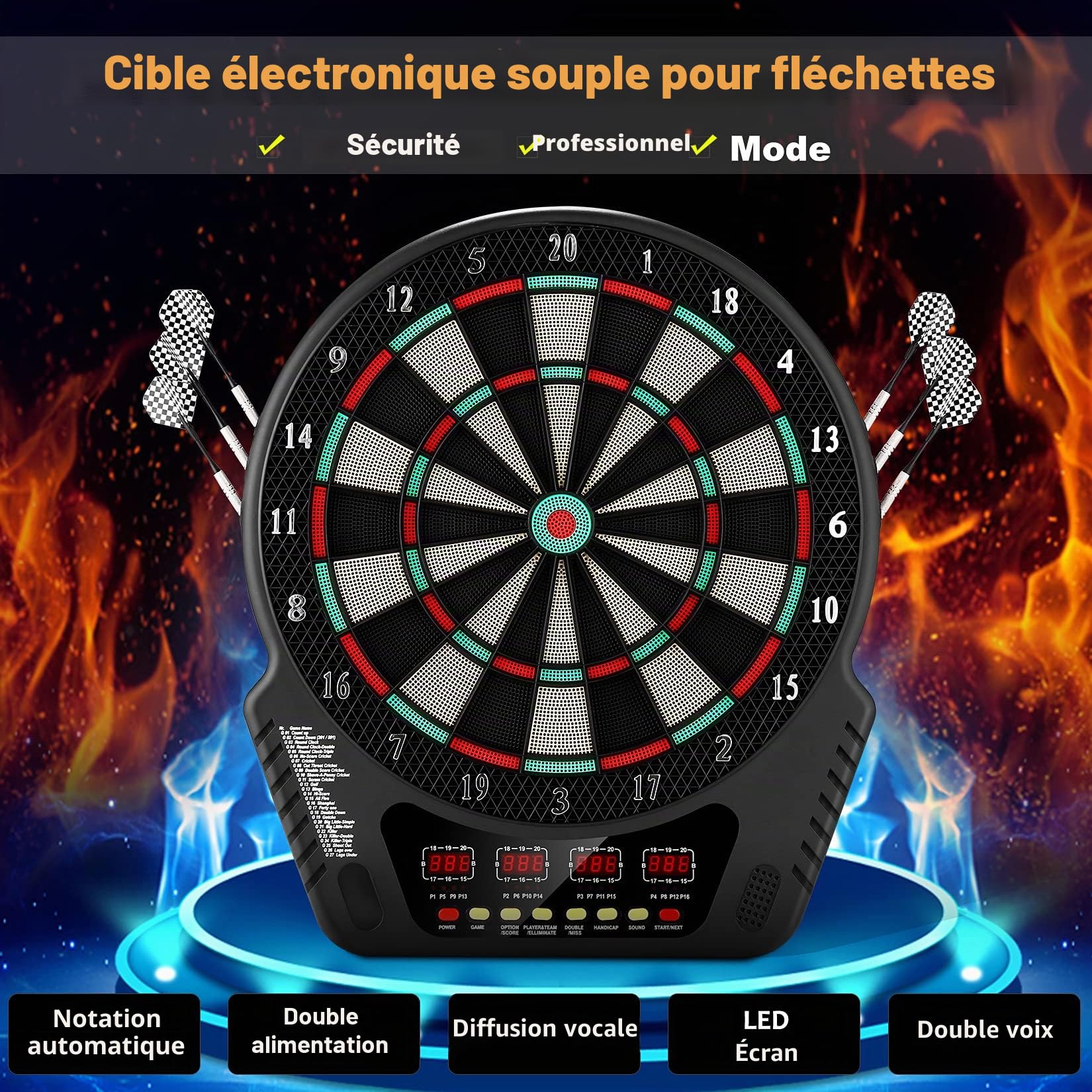 FB-32 Cible de fléchettes électronique Professionnelle avec 4 écrans LCD et 6 fléchettes et 24 têtes de flèches 27 Jeux avec 243 Options de Jeu pour 16 Joueurs