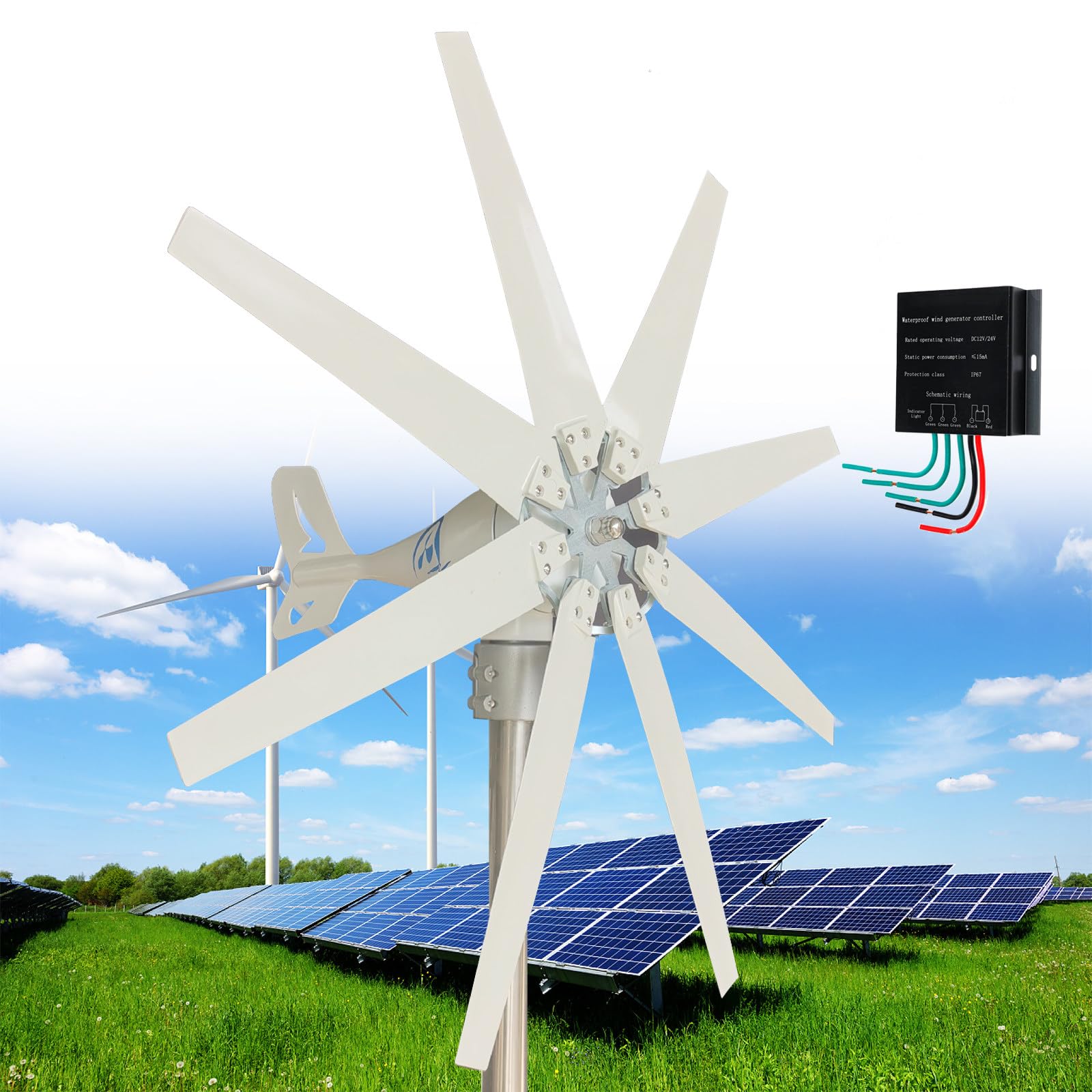 JozyJul 14000W Wind Turbine, DC 12V/24V/48V/110V/220V Wind Turbine Generator with 8 Blades, Wind Turbine Kit with MPPT Controller, for Homes Energy Supplementation 12V