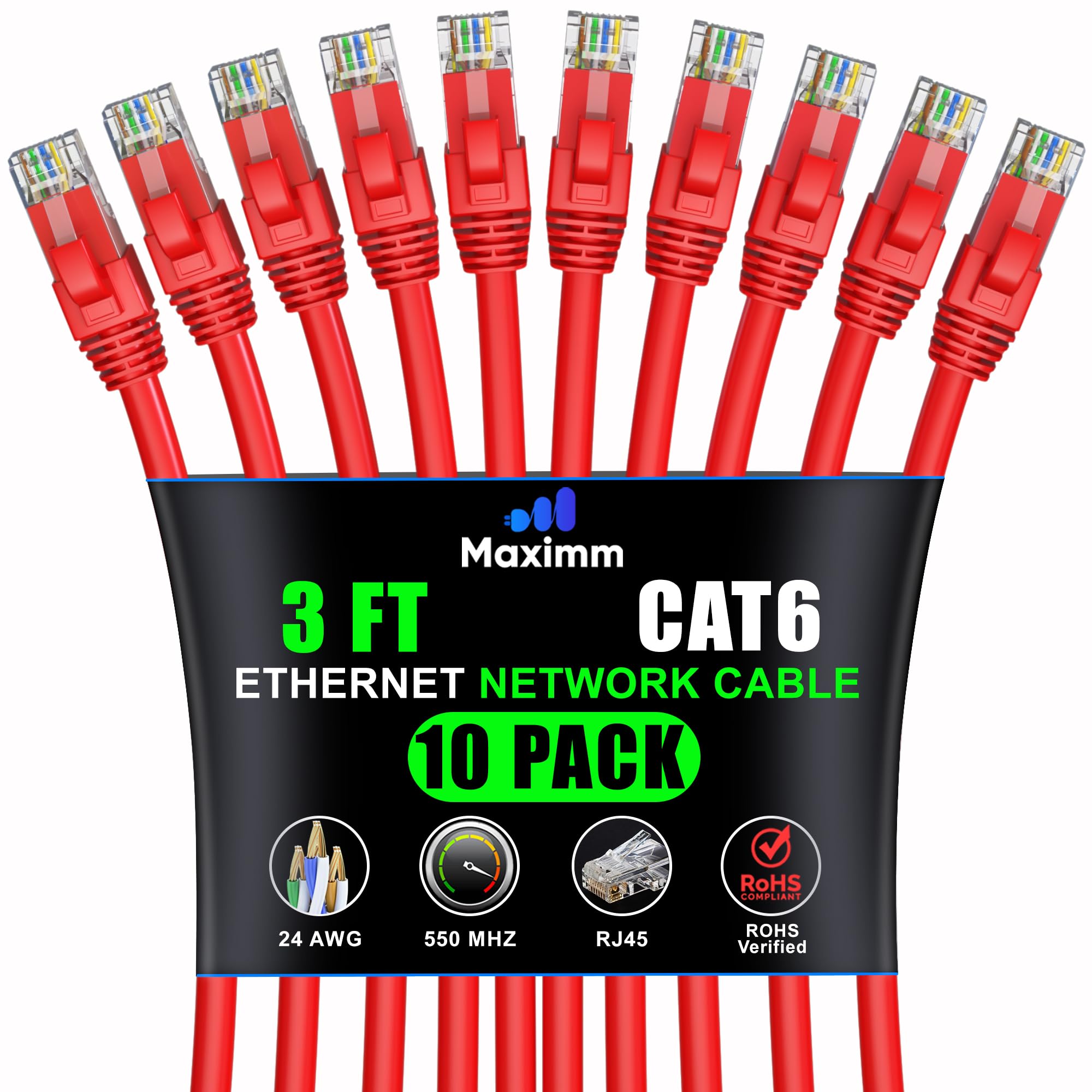 Maximm Cat 6 Ethernet Cable 3 ft (10-Pack) - High-Speed LAN Cable, Internet Cable, Patch Cable, and Network Cable - UTP, 10Gbps, 550MHz Ethernet Cord