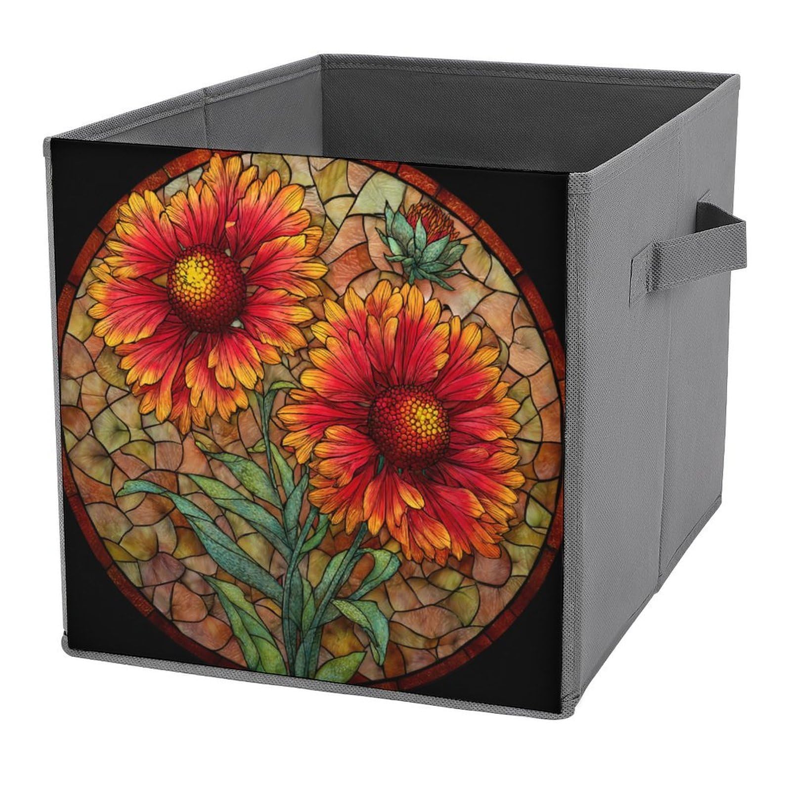 Jubonexis Stained Glass Indian Red Flower Simple Cube Storage Bins Storage Cubes Foldable Decorative Fabric Storage Baskets Home Organizers with Handles for Shelves,Closet, 27x27 CM