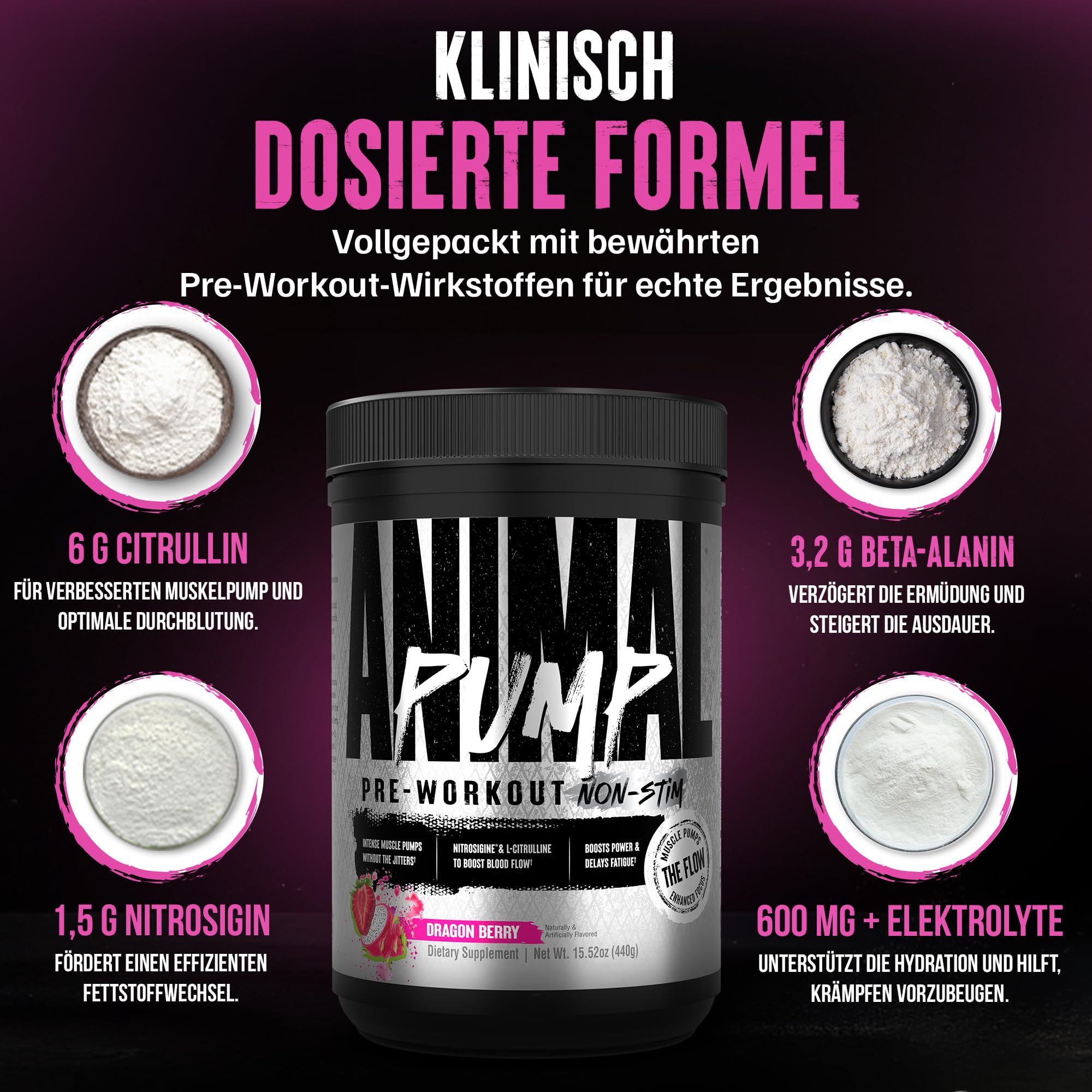 ANIMAL Pump Non-Stim Pre Workout Powder - koffeinfreies Preworkout für Energie, Fokus & Muskelaufbau, Beta Alanin, Citrullin, Nitrosigin und Nootropics, Dragon Fruit, 440g