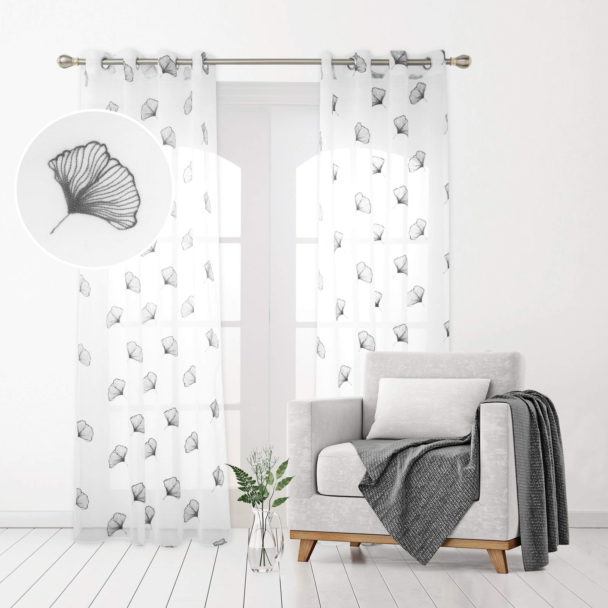 Deconovo Embroidered Patterned Eyelets Super Soft Sheer Curtains Semi Transaprent Linen Look Voile Curtains Net Curtains for Bedroom 55 x 102 Inch Grey Two Panels โ image 1