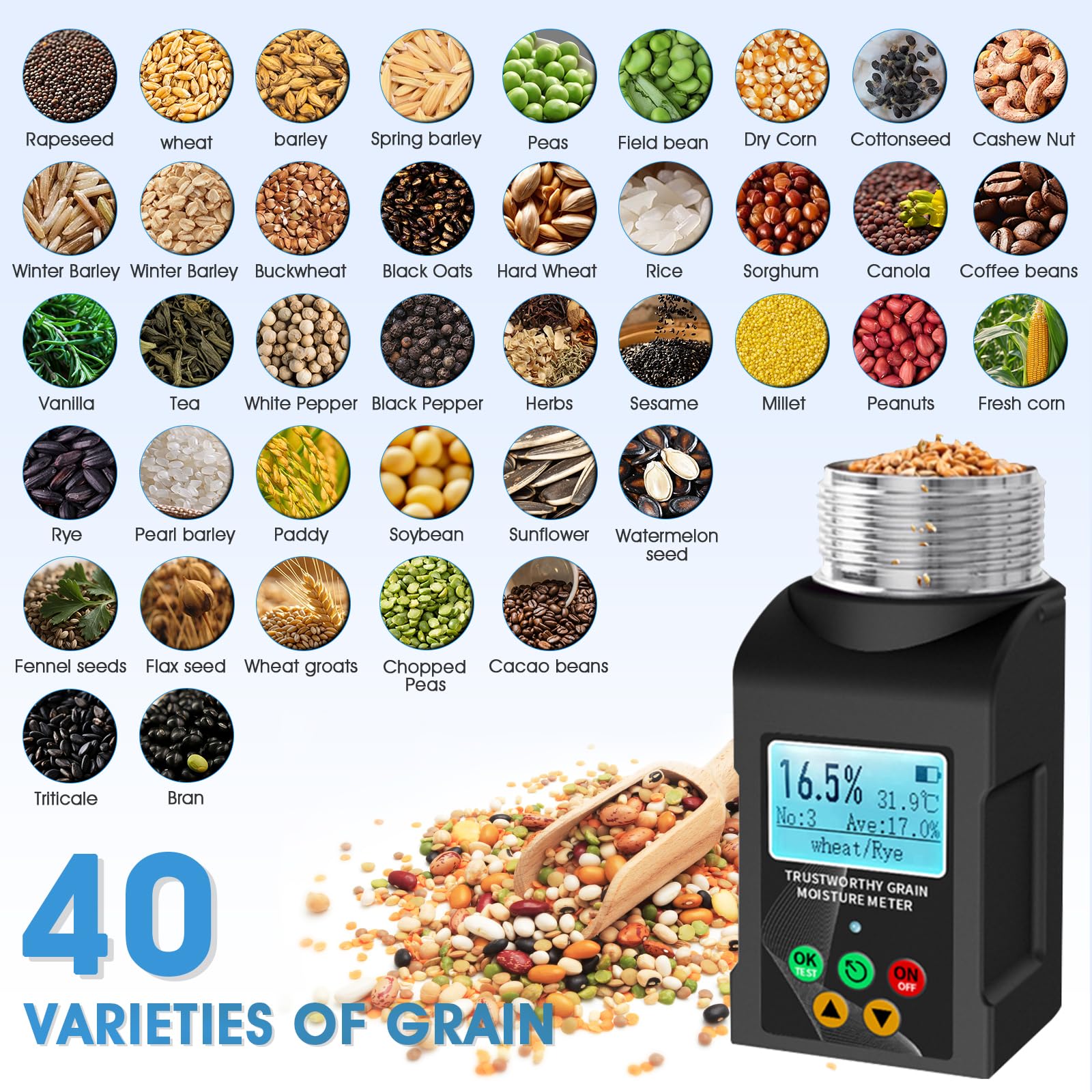 Misuratore di umidità portatile per cereali (40 tipi di cereali) Misuratore di umidità per cereali Uscita vocale multilingue, display LCD e memorizzazione dei dati. Adatto per colture quali mais