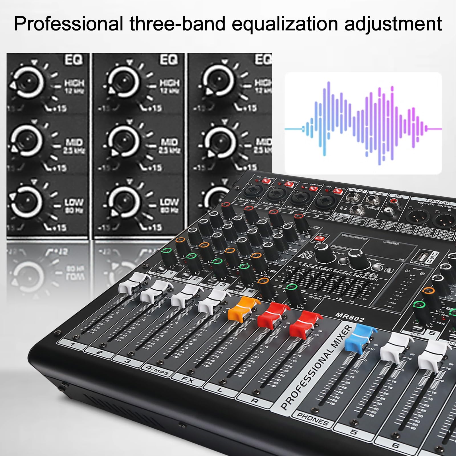 Table de mixage audio 8 canaux, table de mixage DJ avec amplificateur de puissance, carte son audio avec alimentation fantôme 48 V, interface audio USB, tableau de mixage de sons avec effet