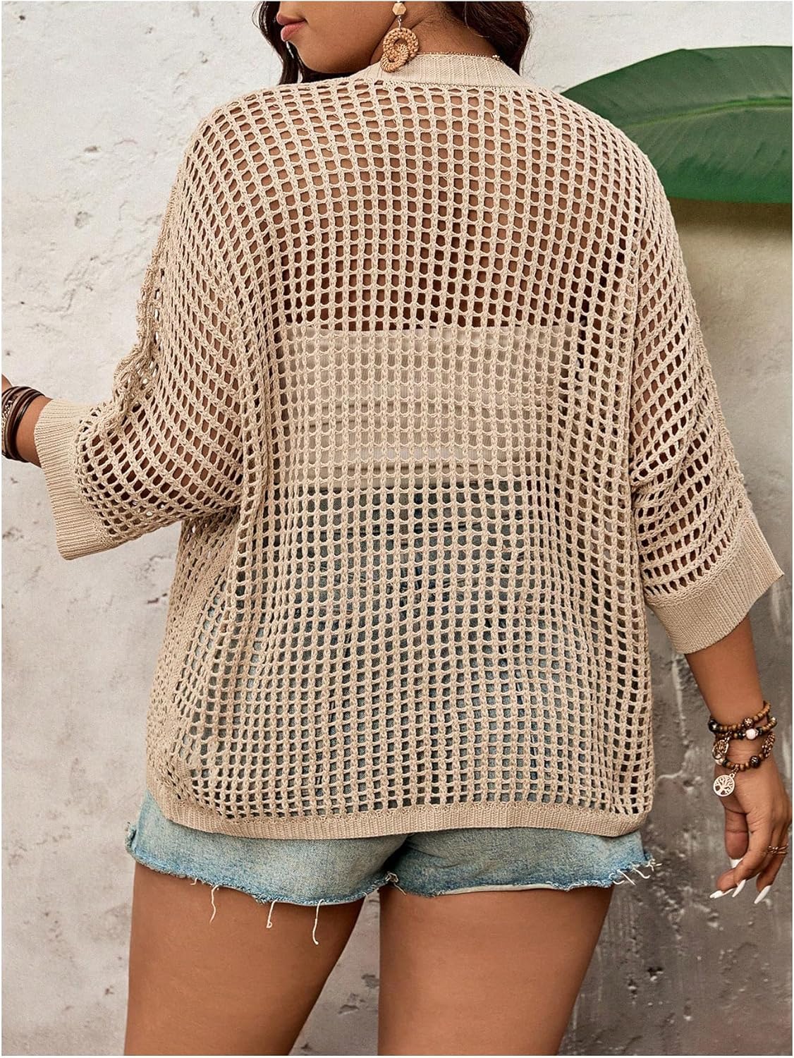 BEAUDRM Women's Plus Size Crochet Cardigans 3/4 Sleeve Tie Front Knit Hollow Out Sweater Summer Sheer Cover Up
