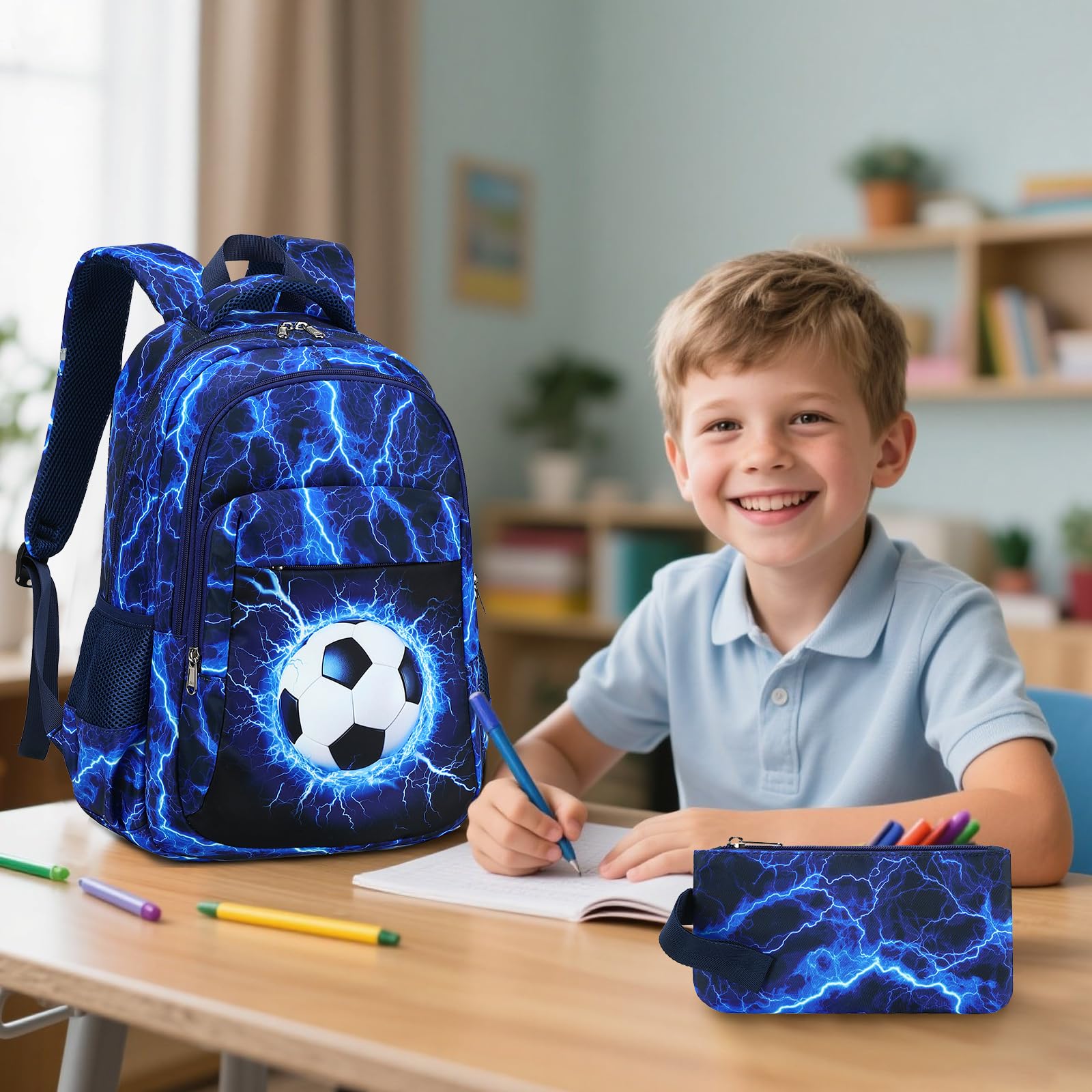 LEDAOU Mochila escolar para jóvenes y adolescentes, para niñas, para el tiempo libre, Fútbol de re, large, Mochila escolar