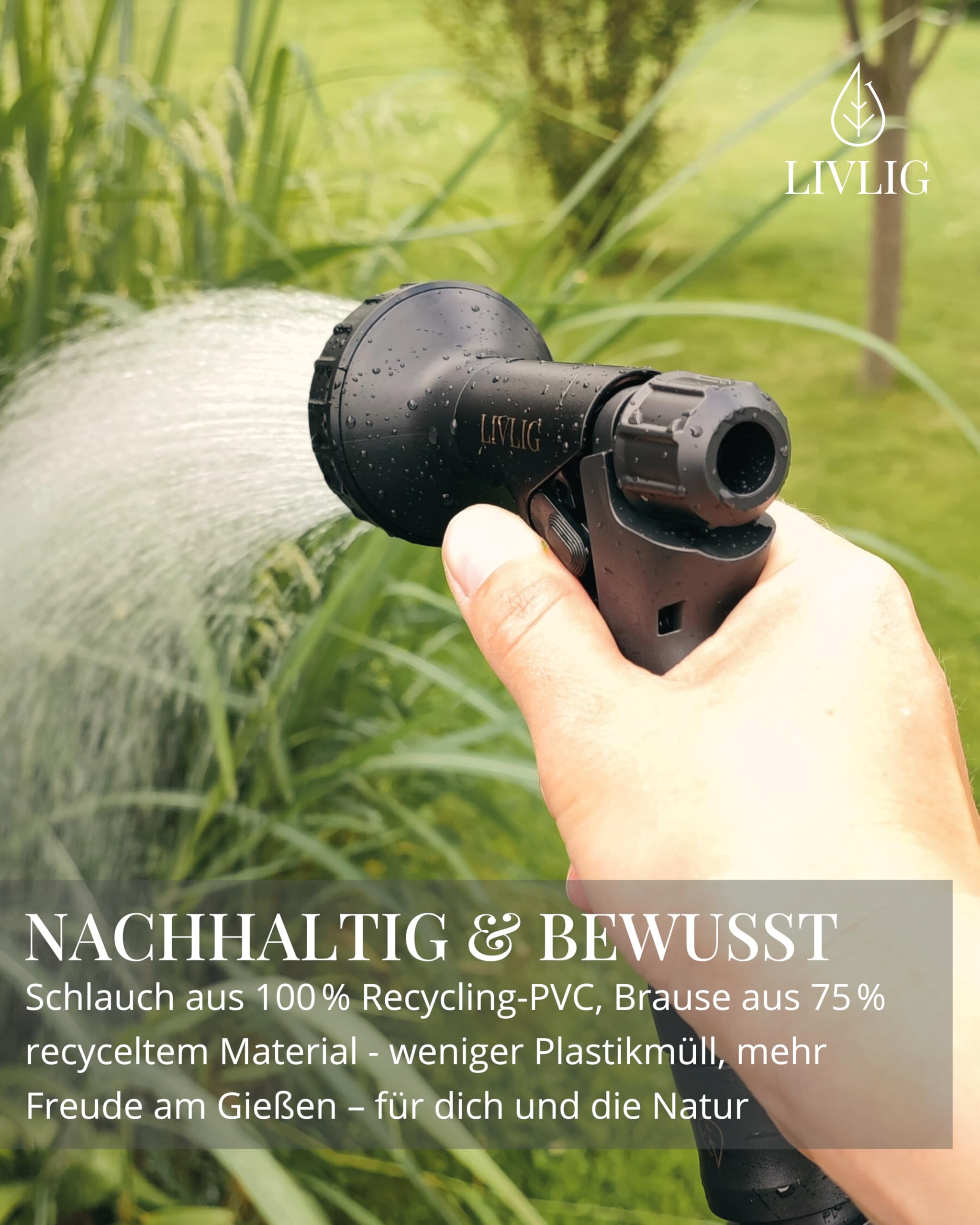 LIVLIG Gartenschlauch 30m im Set, Schwarzer Gartenschlauch aus 85% Recyclingmaterial, Wasserschlauch mit Gartenbrause & 1/2 Zoll Schlauchanschluss, PureCycle