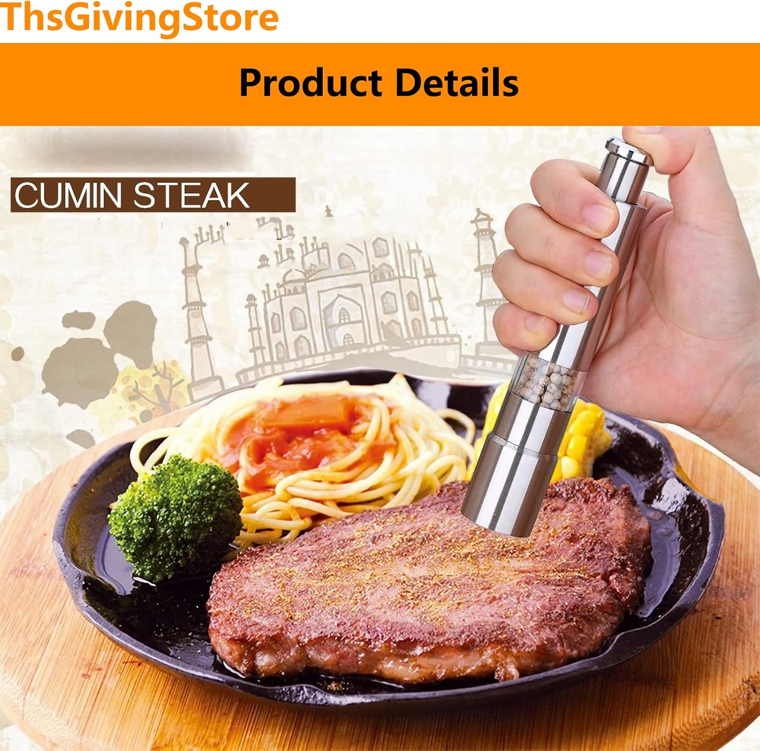 Thumb Pepper Grinder, Push Button Salt and Spices Pepper Fine Mill, One Hand Pepper Stainless Steel Grinder for Grains, Spices, Table Seasoning Grinders