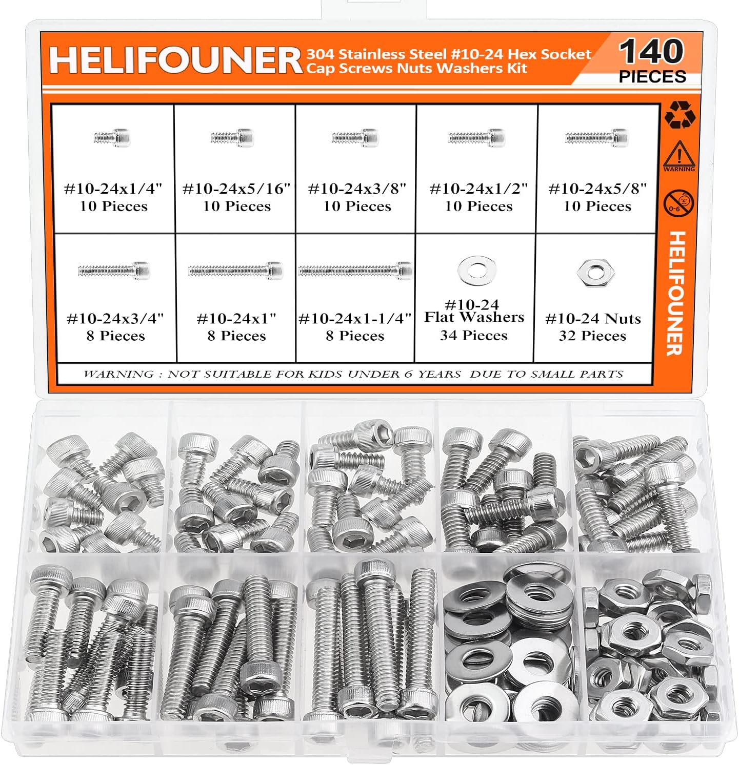 HELIFOUNER 140 Pieces #10-24 x 1/4" 5/16" 3/8" 1/2" 5/8" 3/4" 1" 1-1/4", Hex Socket Head Cap Screws Bolts Washers Nuts Kit, Coarse Thread, Fully Machine Threaded, 304 Stainless Steel