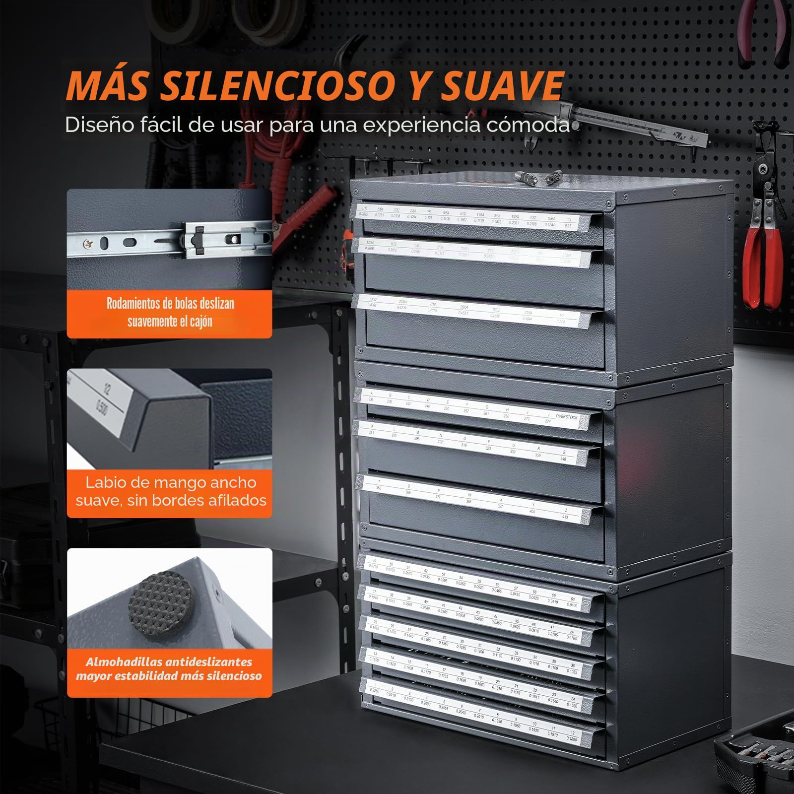 VEVOR Dispensador de Brocas 29 Compartimentos Etiquetados Caja de Almacenamiento de Brocas 1-13 mm con 3 Cajones Estuche de Taladro Vacío 37,5x20x20 cm Apilable Fácil Identificación para Taller