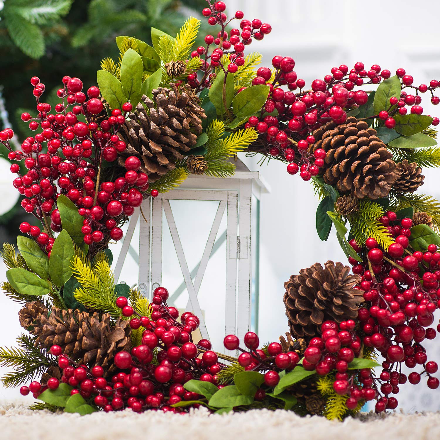 20 Pièces Baies Rouges Artificielles de Noël Fleurs Artificielles à Tige de Brindille Bouquet de Fausses Baies d'hiver pour Décorations d'arbre de Noël et Bricolage