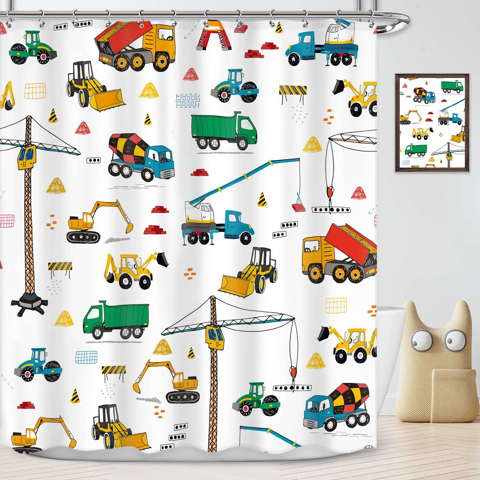Newsely Kids Construction Truck Boys Shower Curtain 60Wx72H Inch Cartoon Excavator Tractor Machinery Vehicle Shower Curtain Bathroom Set Colorful