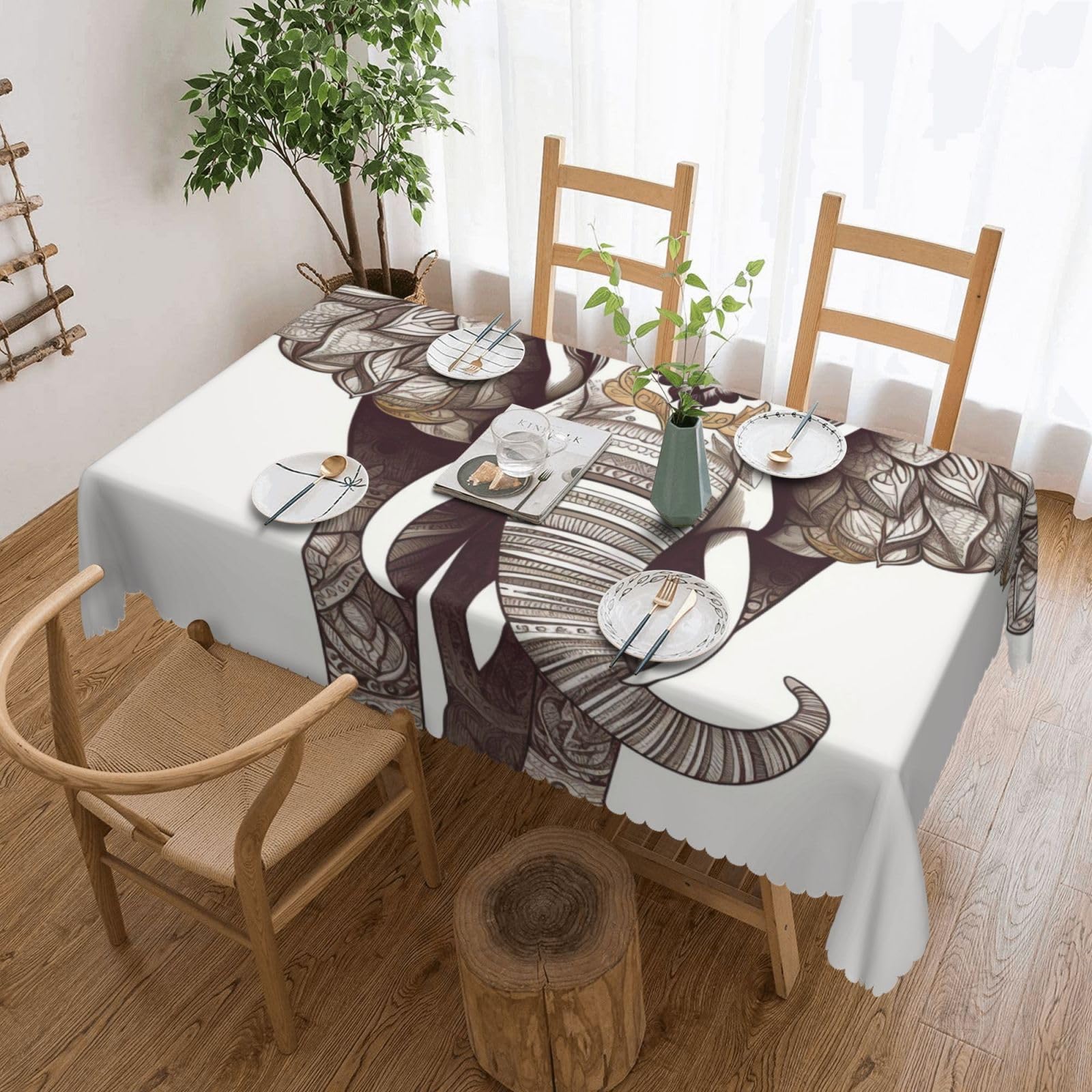 WPKJU Elephant Art Printed Rectangle Tablecloth 72x54 Inch with Lace Trim, Water-Resistant Washable Table Cover for Farmhouse Weddings, Outdoor Picnics & Holiday Dining