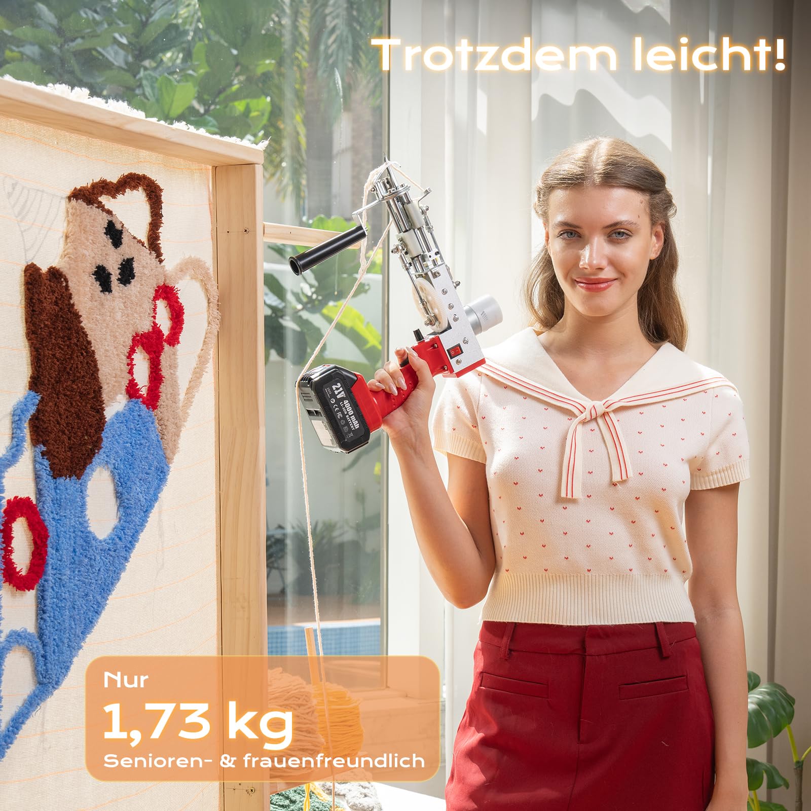 BESGEER Akku-Teppich-Tufting-Pistole mit Teppichschneide-Set, Tufting Gun Starter Kit inkl. 2 Stück 4,0Ah Batterien, 2-in-1-Tufting Kit Complete für Schnitt- und Schlingflor