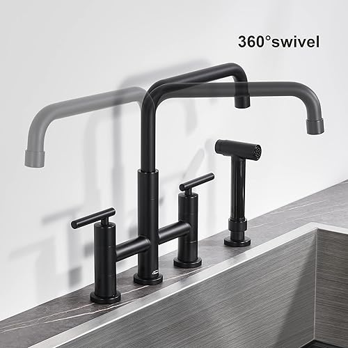 Miniatura 5 de Grifo de cocina dorado cepillado con rociador lateral, grifo de 2 manijas para fregadero de cocina, grifo de fregadero de cocina de 4 agujeros con