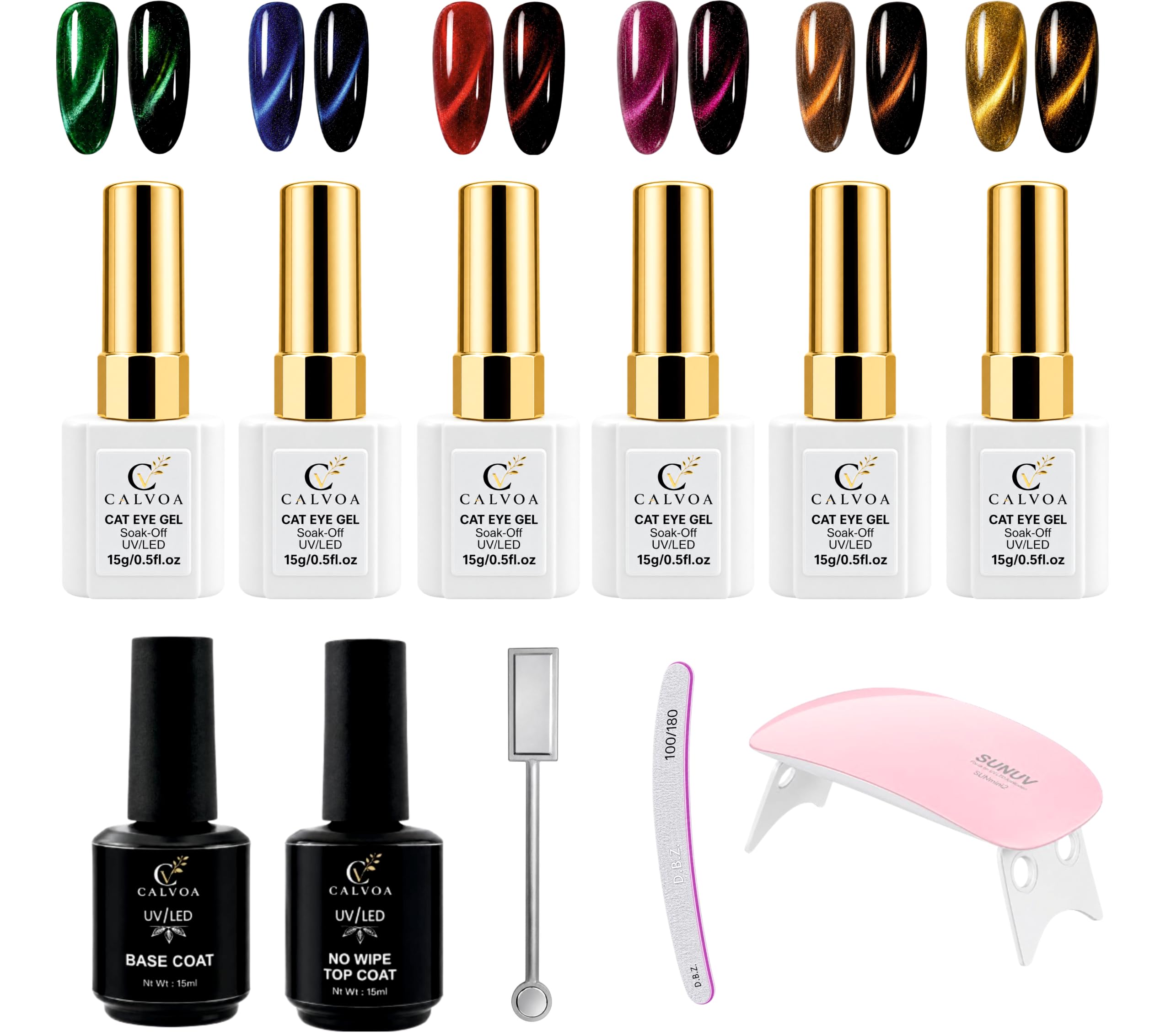 9D Magnetic Cat Eye Gel Polish 6 Shade Nail Art Starter Kit with UV LED Lamp, Base Coat, No Wipe Top Coat, Magnetic Stick & Nail File
