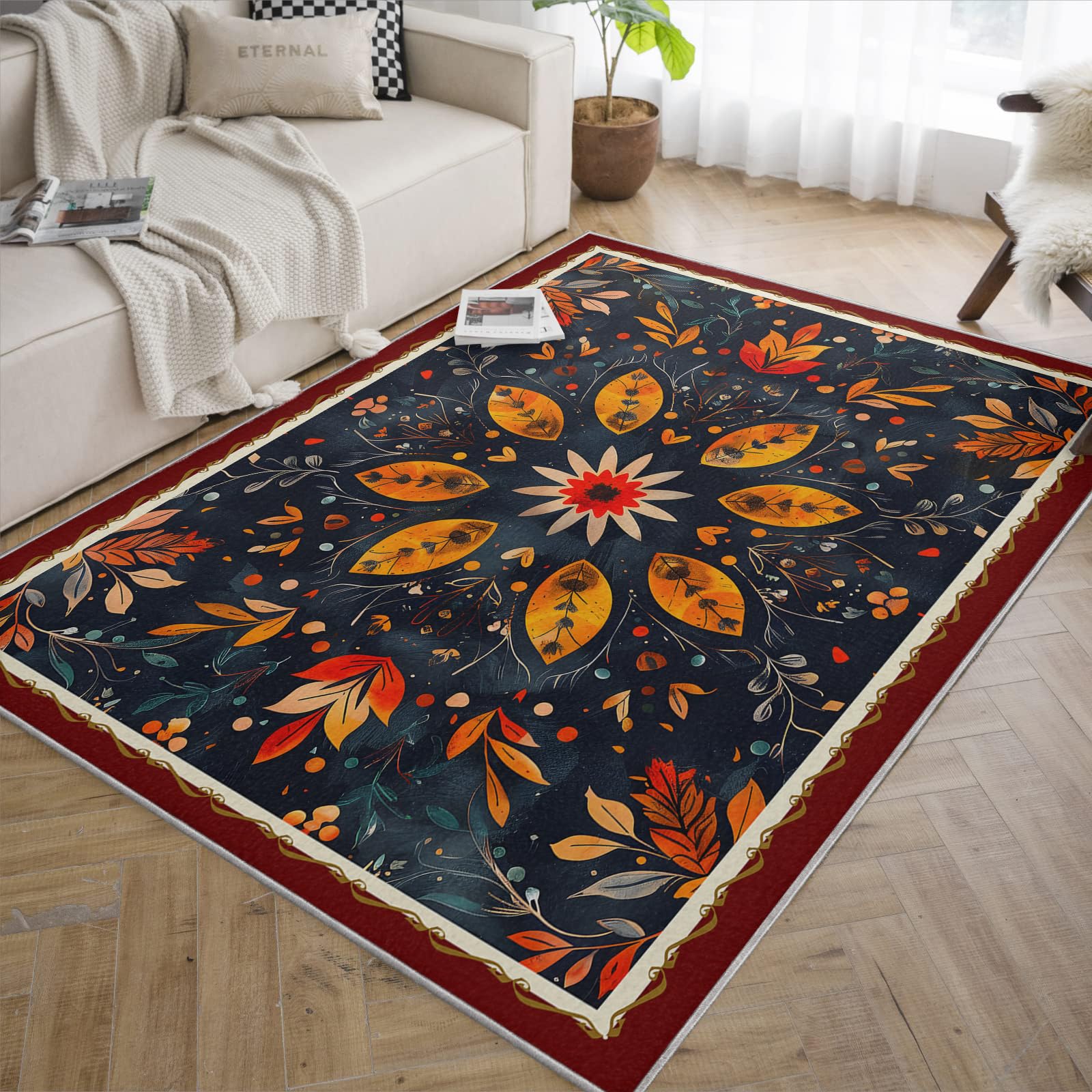 Dywan kosmiczny 60 x 100 cm dywaniki antypoślizgowe nadające się do prania geometryczny etniczny boho do salonu sypialnia jadalnia żółty i pomarańczowy wzór kwiatowy dywan do drzwi