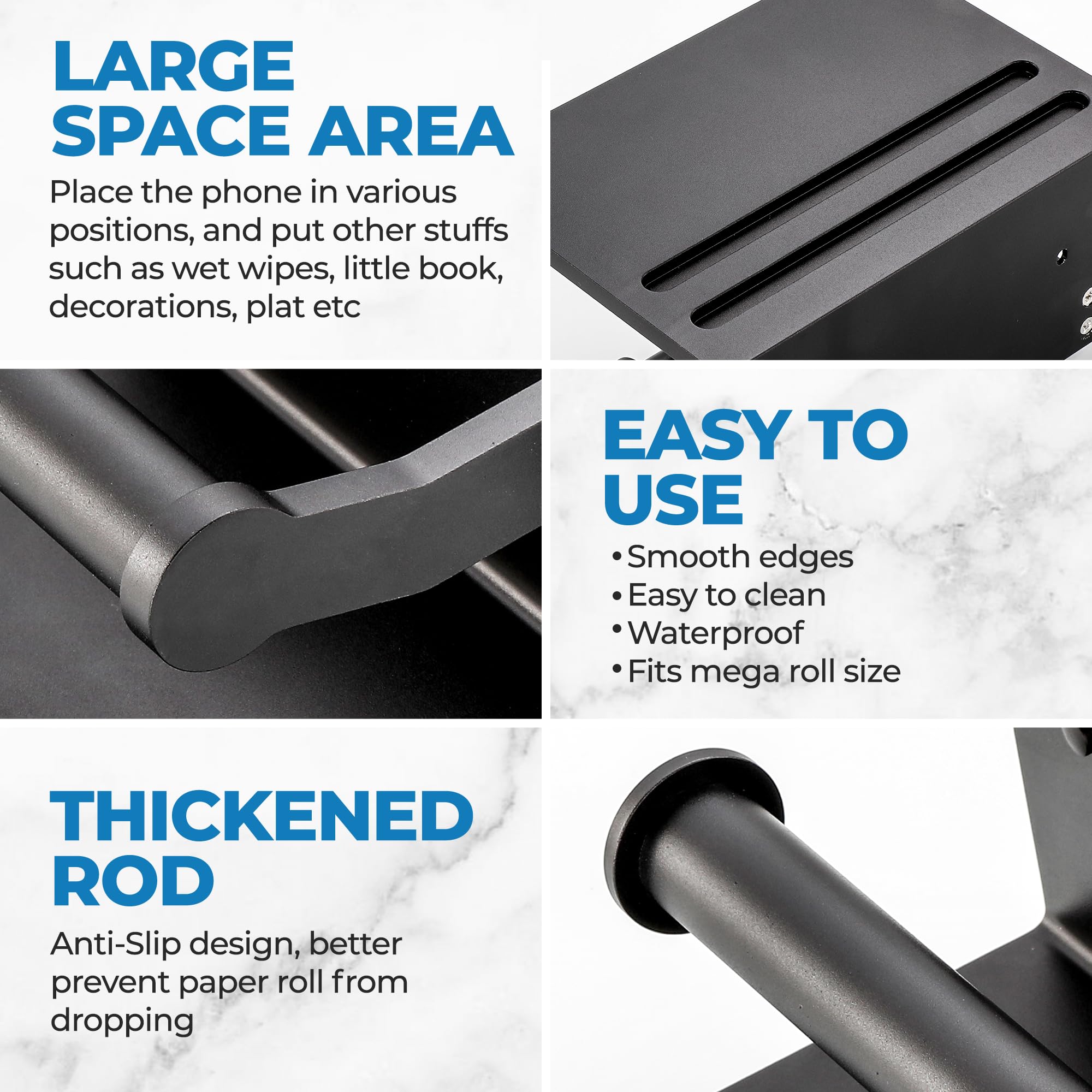 Toilet Paper Holder with Phone Shelf, Self Adhesive Aluminum Tissue Roll Dispenser for Mega Roll, Wall Mounted Toilet Paper Roll Holder for Bathroom,: Black