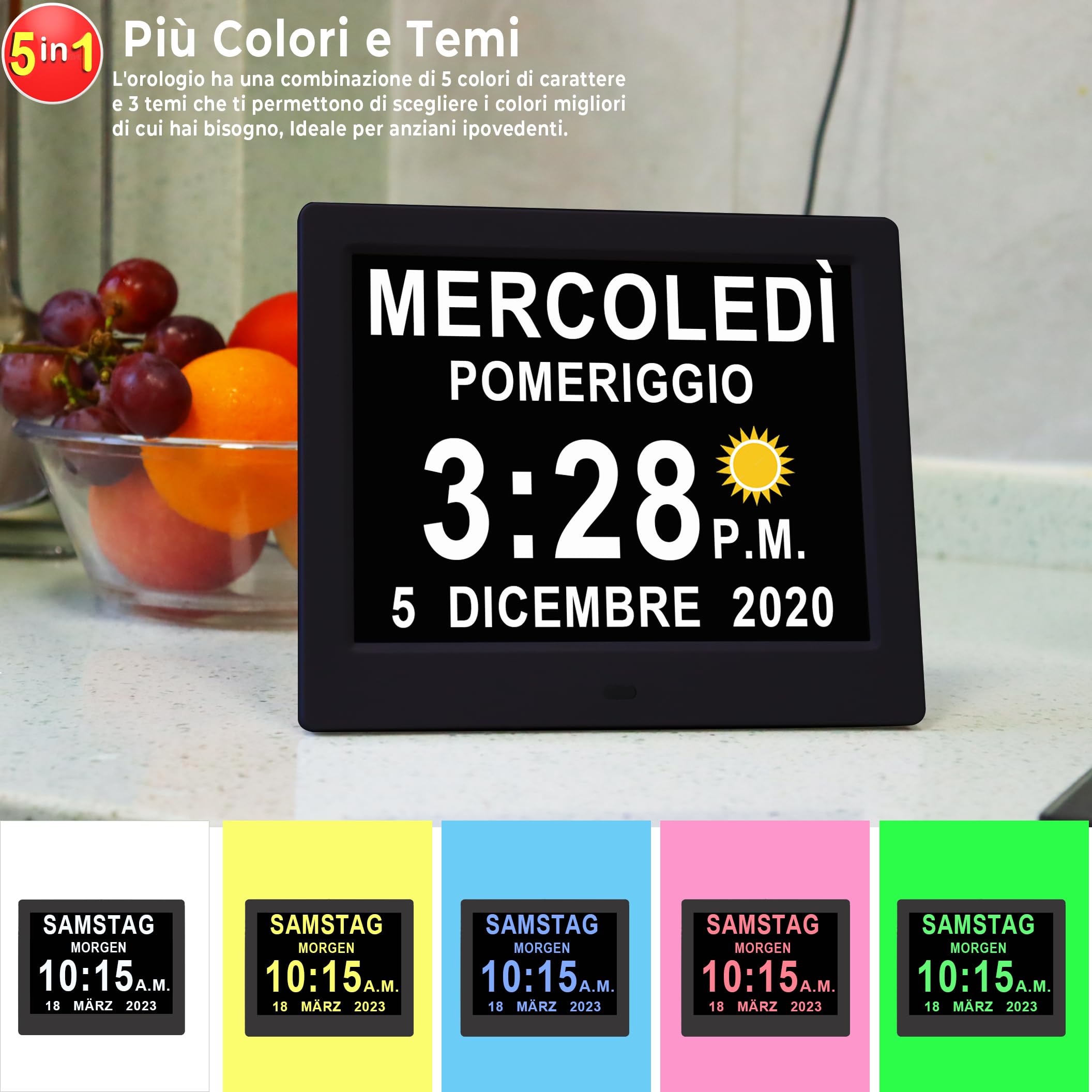 Véfaîî Sveglia Digitale Orologio Parete 2.0, 19 Allarmi & Promemoria Personalizzati, 10 Opzioni Oscuramento Automatico, Datario Non-Abbreviato per Anziani Ipovedenti Demenza, con Telecomando