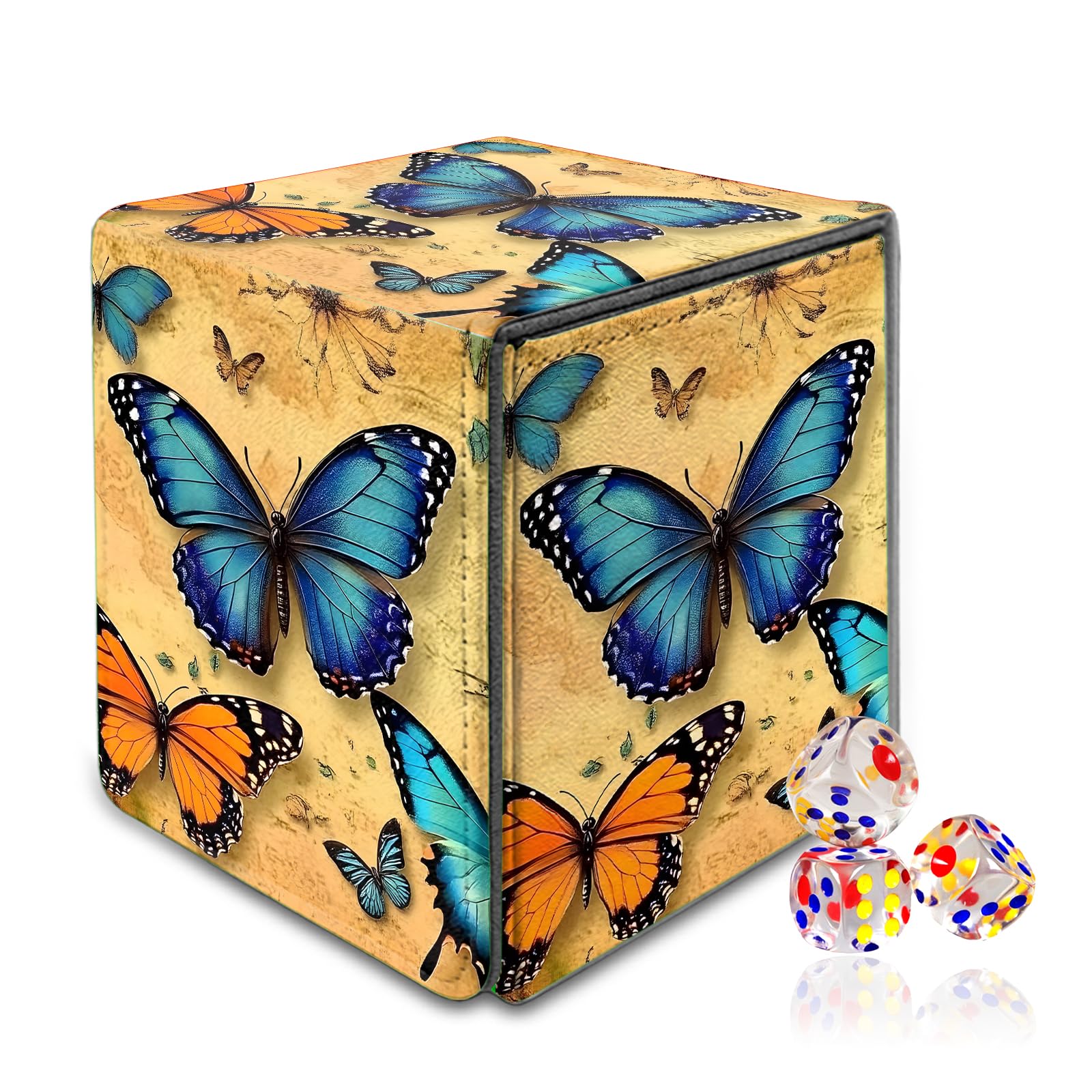 VOGDMKJG Trading Card Deck Box Fit 120+ Single Sleeved Cards,PU Leather Magnetic Closure Card Storage Box With 3 Dice For MTG/TCG/PTCG/Magic/Sport Card Storage Case Vertical Design Butterflies