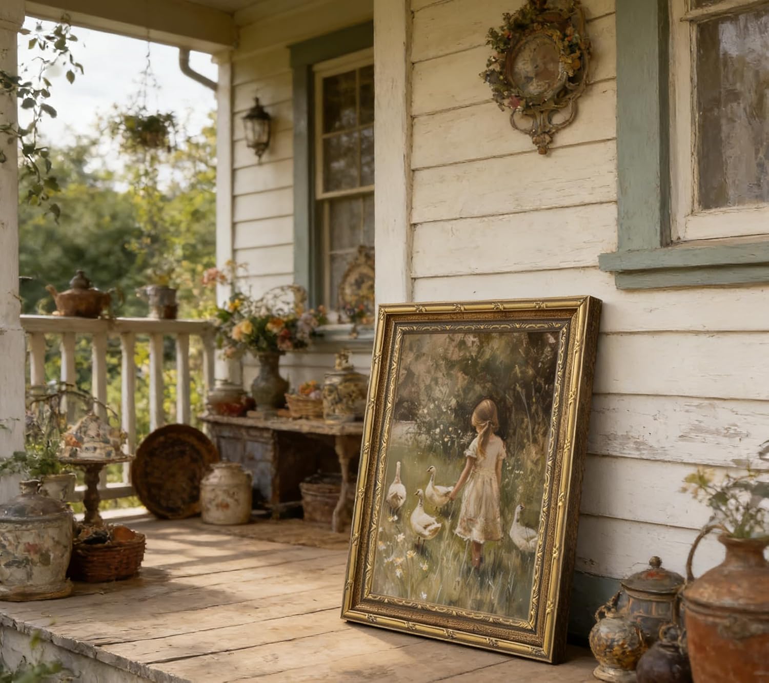 Vintage Gold Framed Canvas Wall Art Rural Goose Girl Painting Picture Cottagecore Print Poster Country Farmhouse Nature Wall Decor for Bedroom Bathroom Living Room Decoration 12x16in