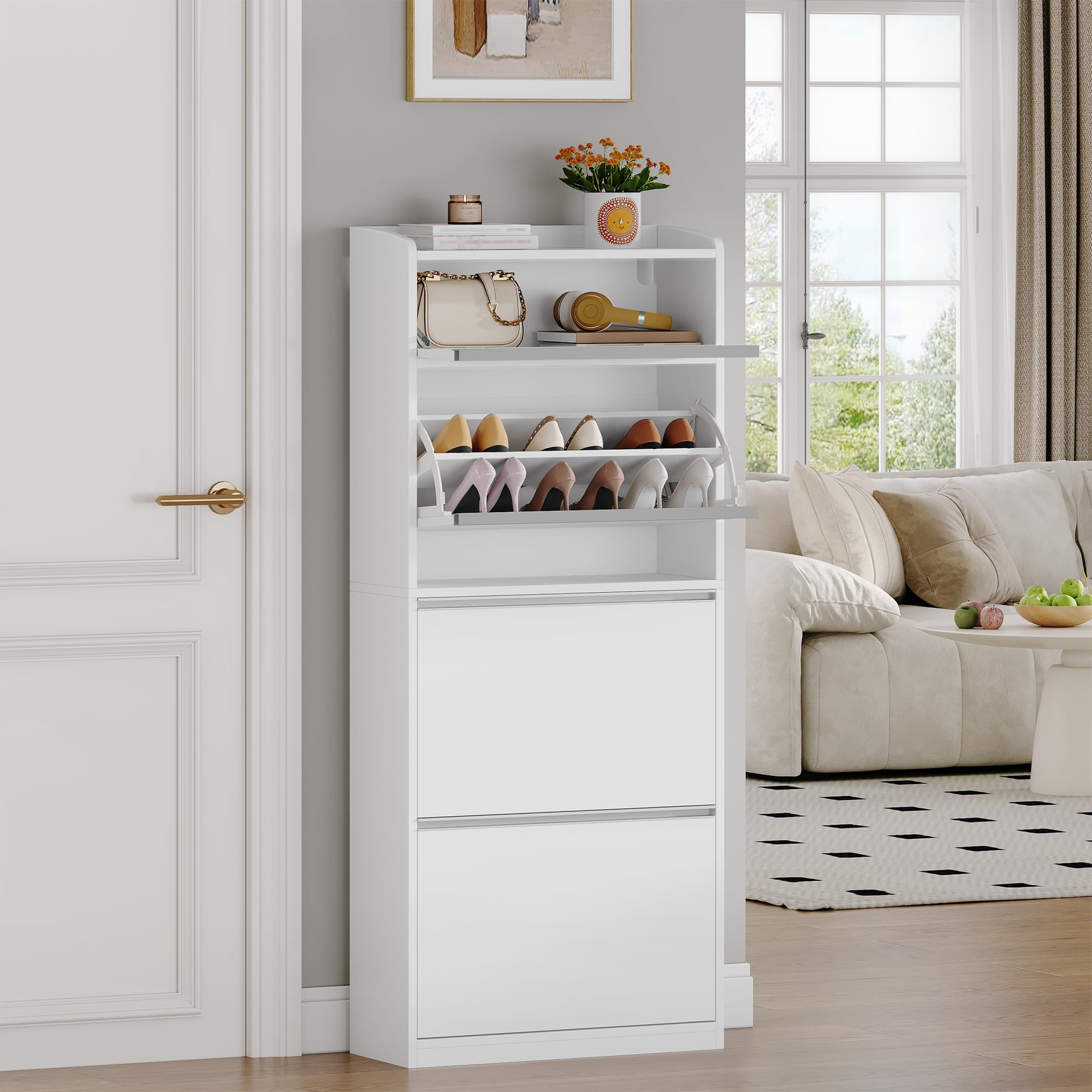 HEXCELEN Zapatero Estrecho con 3 Puertas Abatibles, Mueble para Zapatos con Compartimento Abatible, Separador Ajustable, para 12-18 Pares, para Pasillo, Entrada, 60 x 24 x 145 cm, Blanco