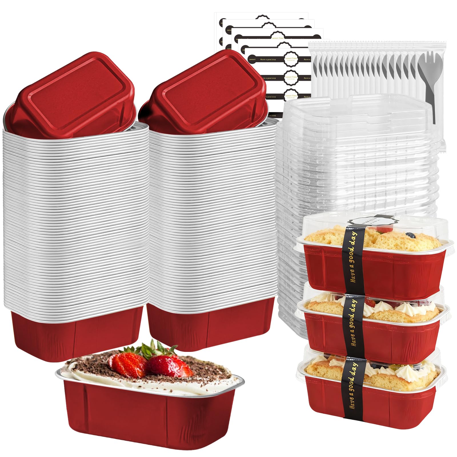 Mini moldes para tartas con tapas y cucharas, rectangulares de 5.5 onzas, mini moldes individuales desechables de papel de aluminio para hornear (200 unidades, rojo)
