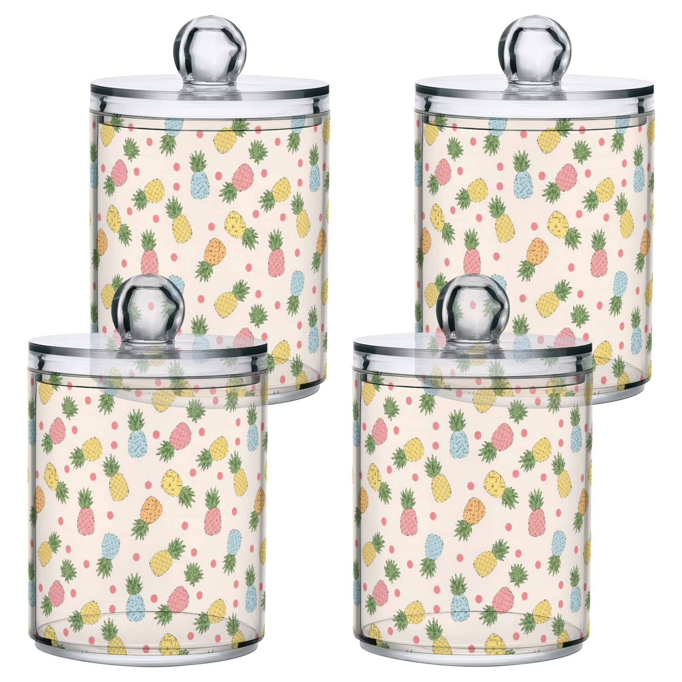 Fuauuyl Pineapples Qtip Holder Dispenser 4 Pack Plastic Apothecary Jar Storage Organization Bathroom Vanity Makeup Storage Organization for Cotton Ball Swab Pad