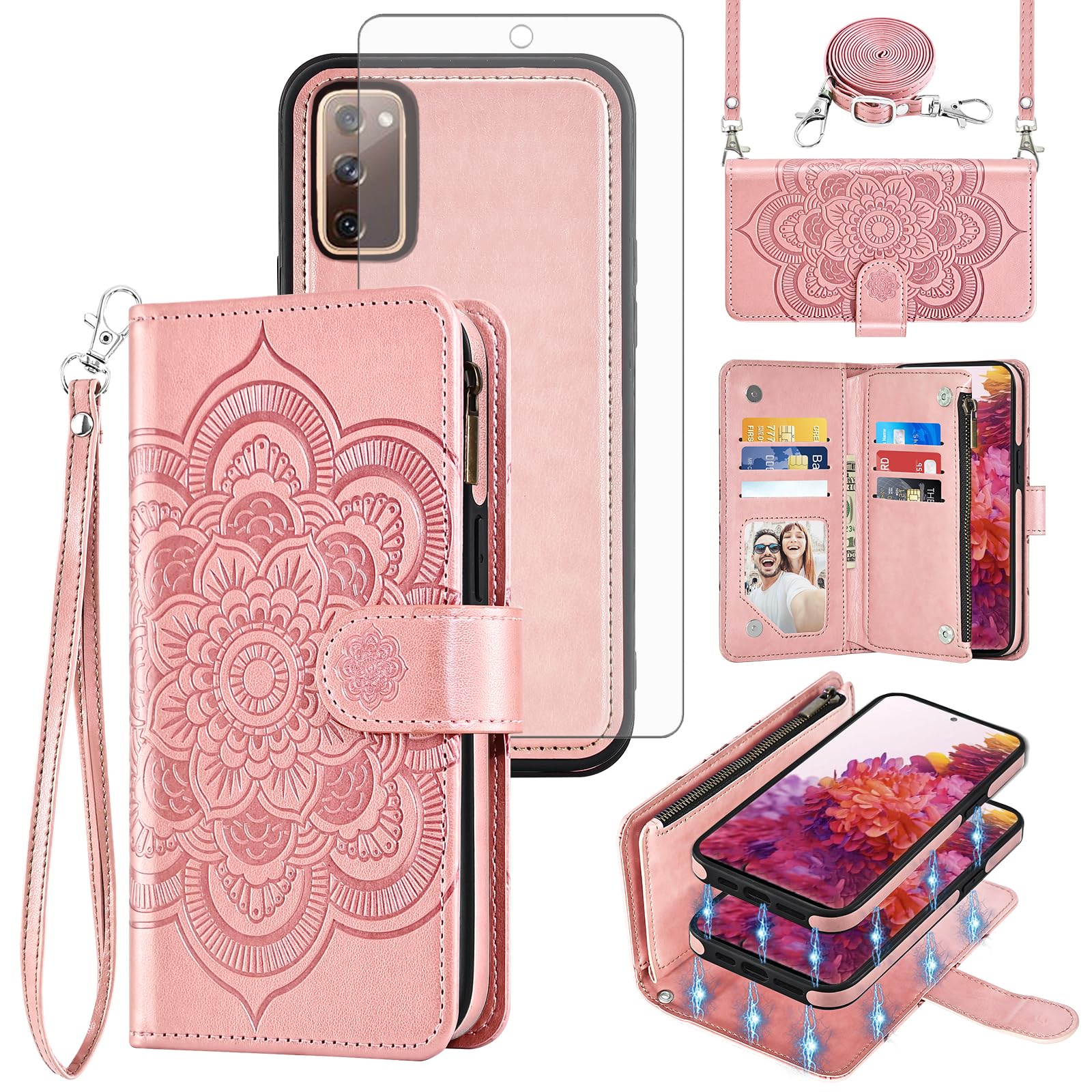 Asuwish Phone Case for Samsung Galaxy S20 FE 5G 6.5 inch Zipper Wallet Cell Cover with Screen Protector Strap Flower Card Holder S 20 EF UW 2022
