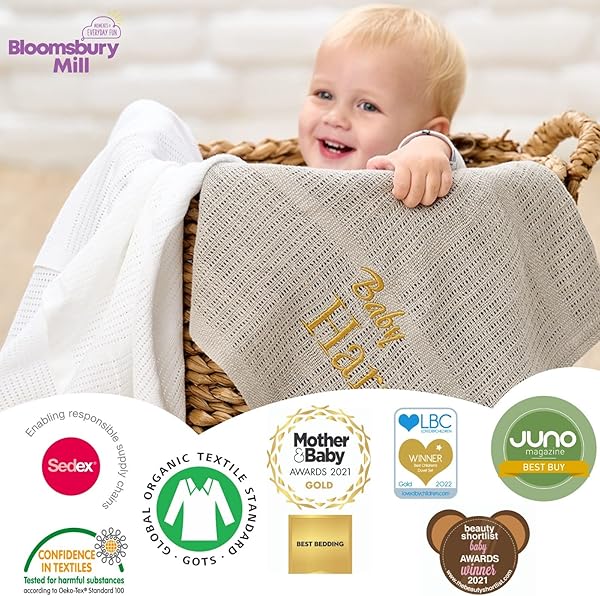 Bloomsbury Mill - Cellular Blankets Baby - Soft 100% Organic Cotton Baby Blanket - Pack of 2 - Essentials For Newborn - Ideal for Cot Bed, Travel, Car Seat, Pram, Moses Basket - Cream 75x95cm - 4