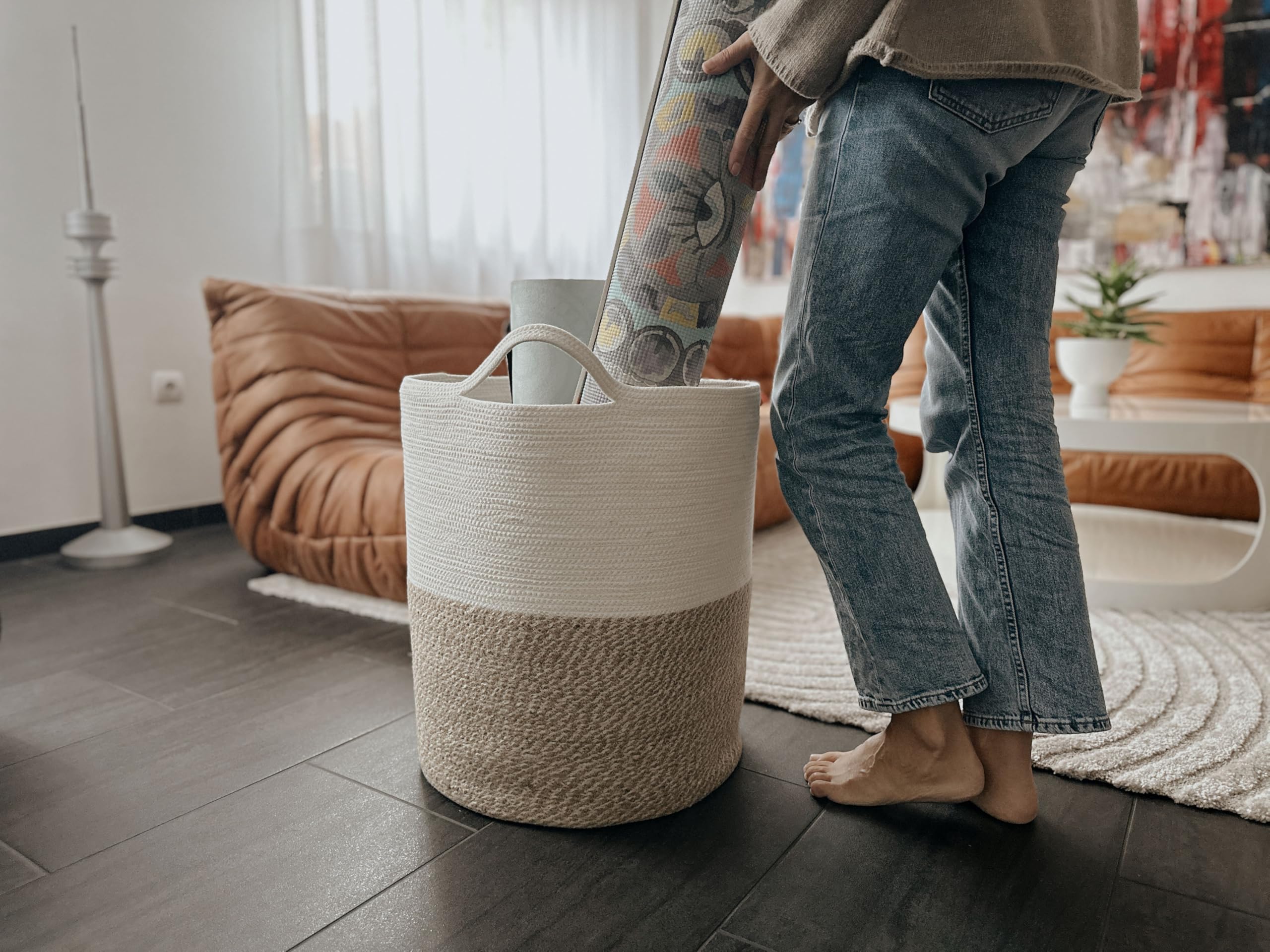 Decorasian Wäschekorb aus Jute und Baumwolle – Wäschesack groß und rund – großer Wäschesammler mit Griffen – Laundry Basket für Kinder - Größe D=45cm - XL
