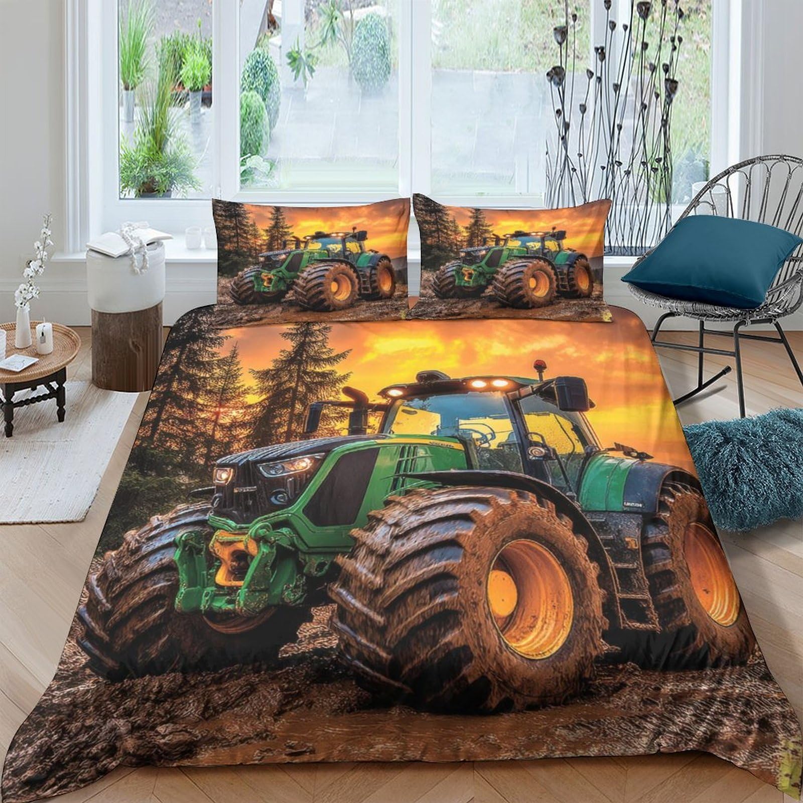 Ctjqhvkz Style-1 3D Printed Tractor Sunset Fitted Sheet Microfiber Breathable Farm Landscape Bed Sheet For Bedroom Guest Room Decor Single（135X200cm）