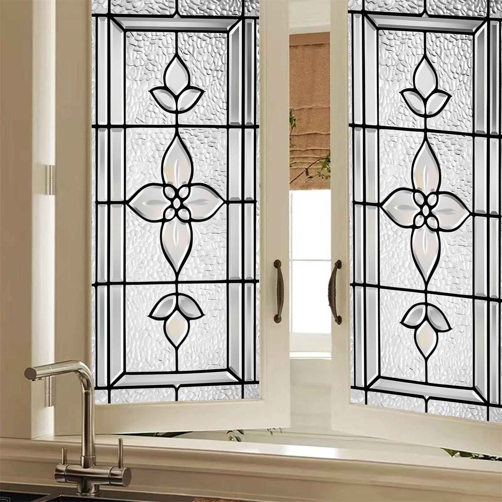 HOMETITUTE Privacy Window Film Clear Floral Stained Glass Style Static Cling Decorative Window Cling Glass Sticker for Cabinet Bathroom Kitchen Door Panel 17.7 x 39.3 Inch