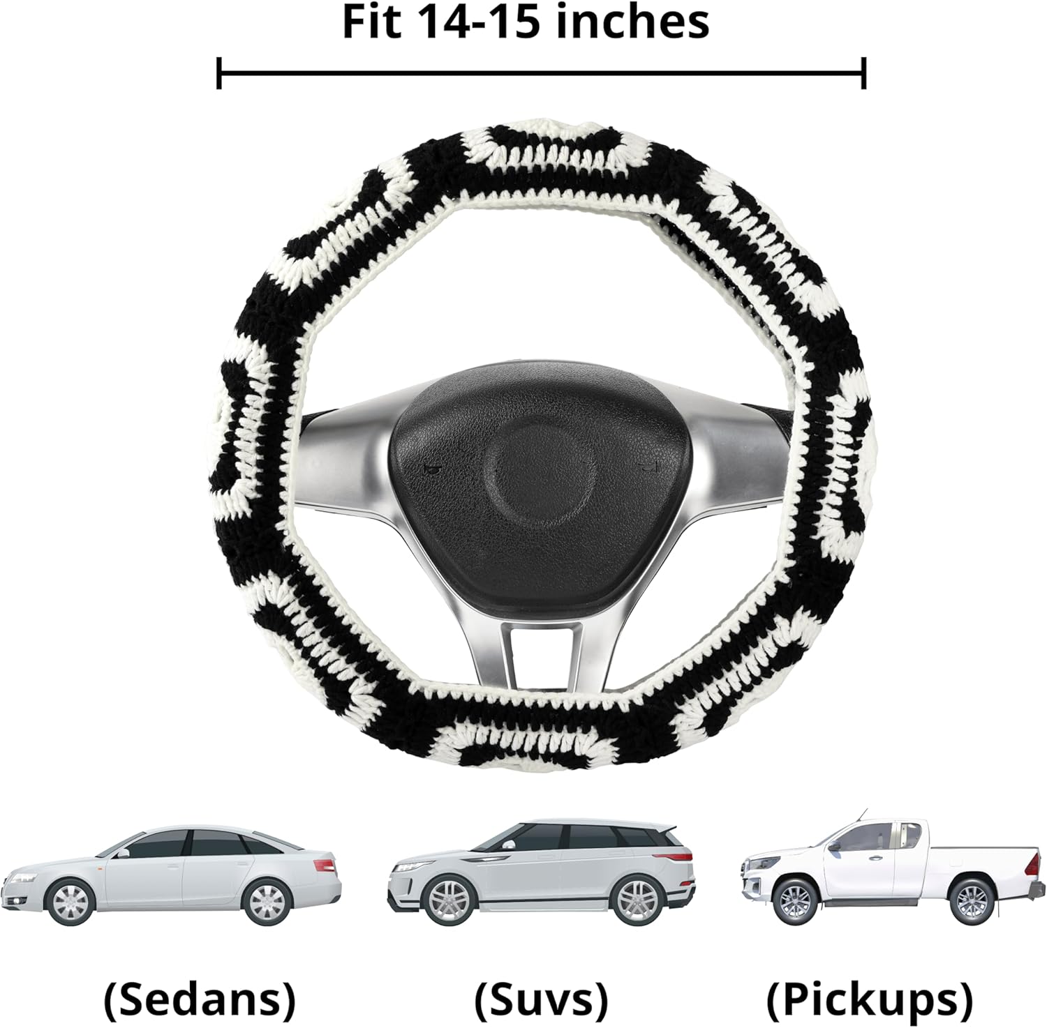 Crochet Steering Wheel Cover Set for Women, Cute Halloween Granny Square Pattern, Hippie Car Accessories Universal Fit for 14-15 inch CSWCS (Wheel Cover Suit)