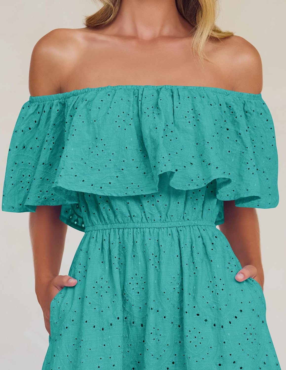 ZESICA Women's 2026 Summer Off Shoulder Ruffle Midi Dress Short Sleeve High Waist Hollow Out Embroidery Party Dresses - Image 5