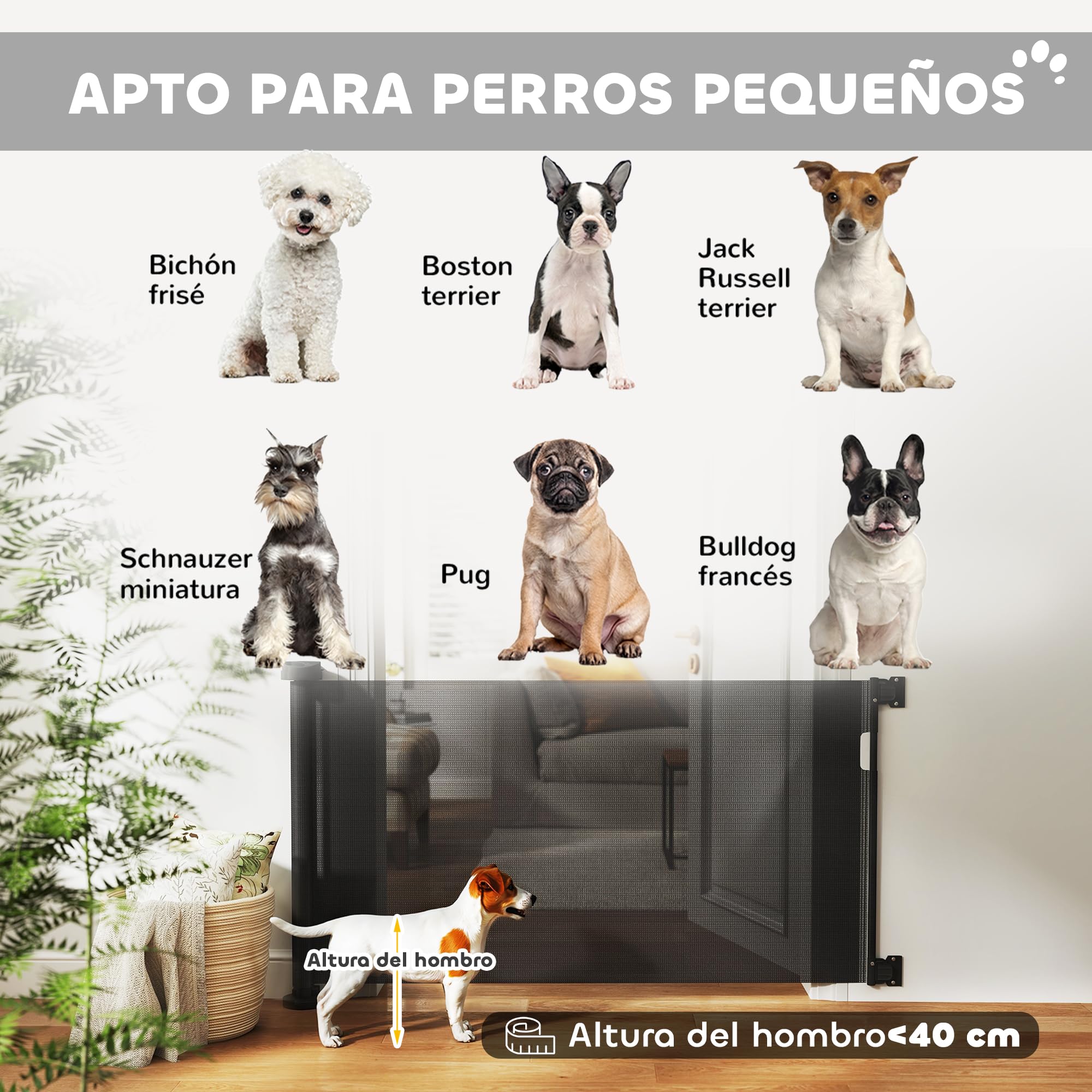 PawHut Barrera de Seguridad para Perros Retráctil 0-136 cm Puerta para Perros Pequeños Extensible con Interruptor de Cierre Red de Seguridad para Pasillos Escaleras Interiores y Exteriores Negro